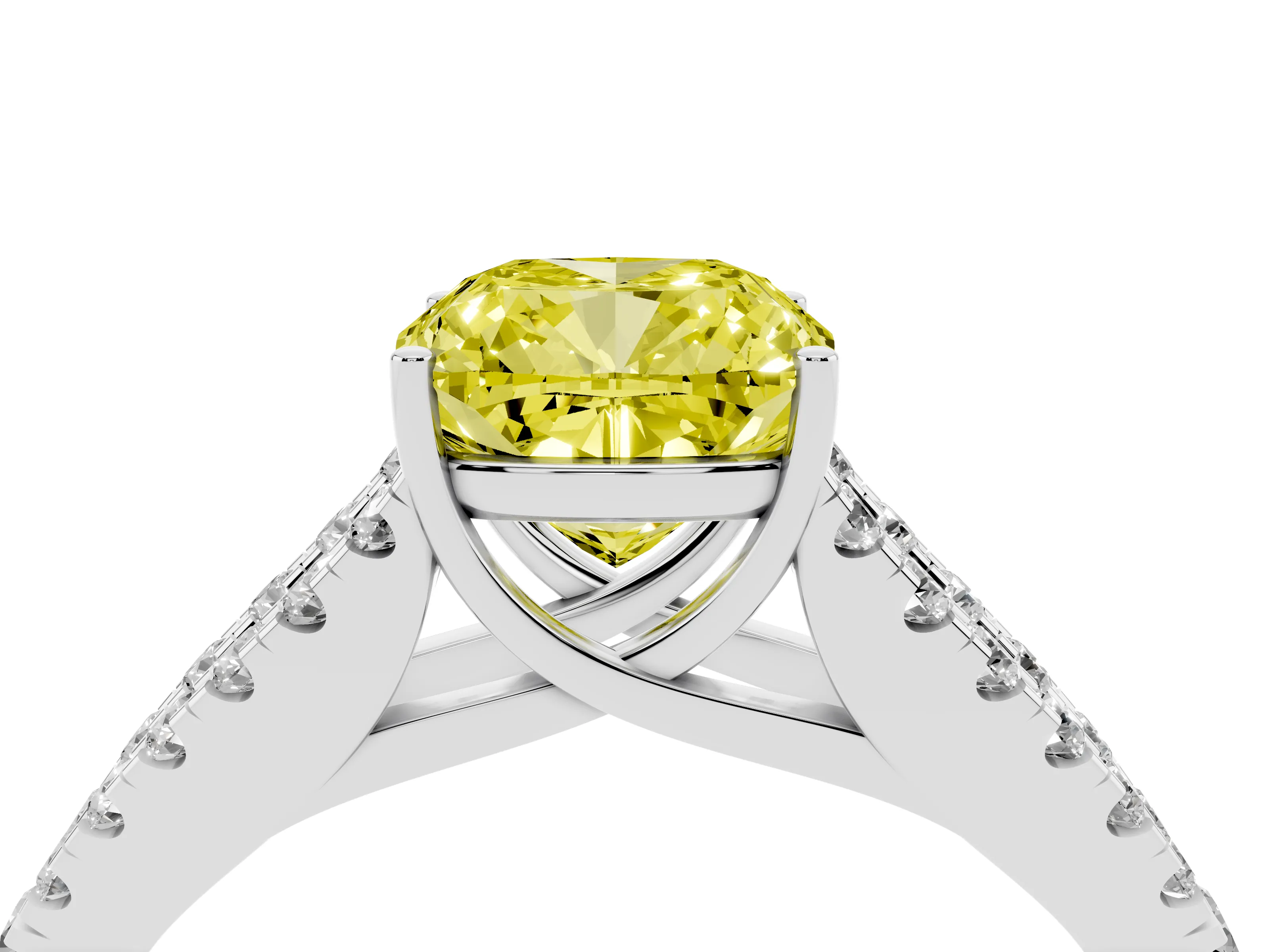 Fancy Yellow Cushion Cut Diamond Split Shank Pavé Engagement Ring Set in Platinum with Prong-Held Center Stone