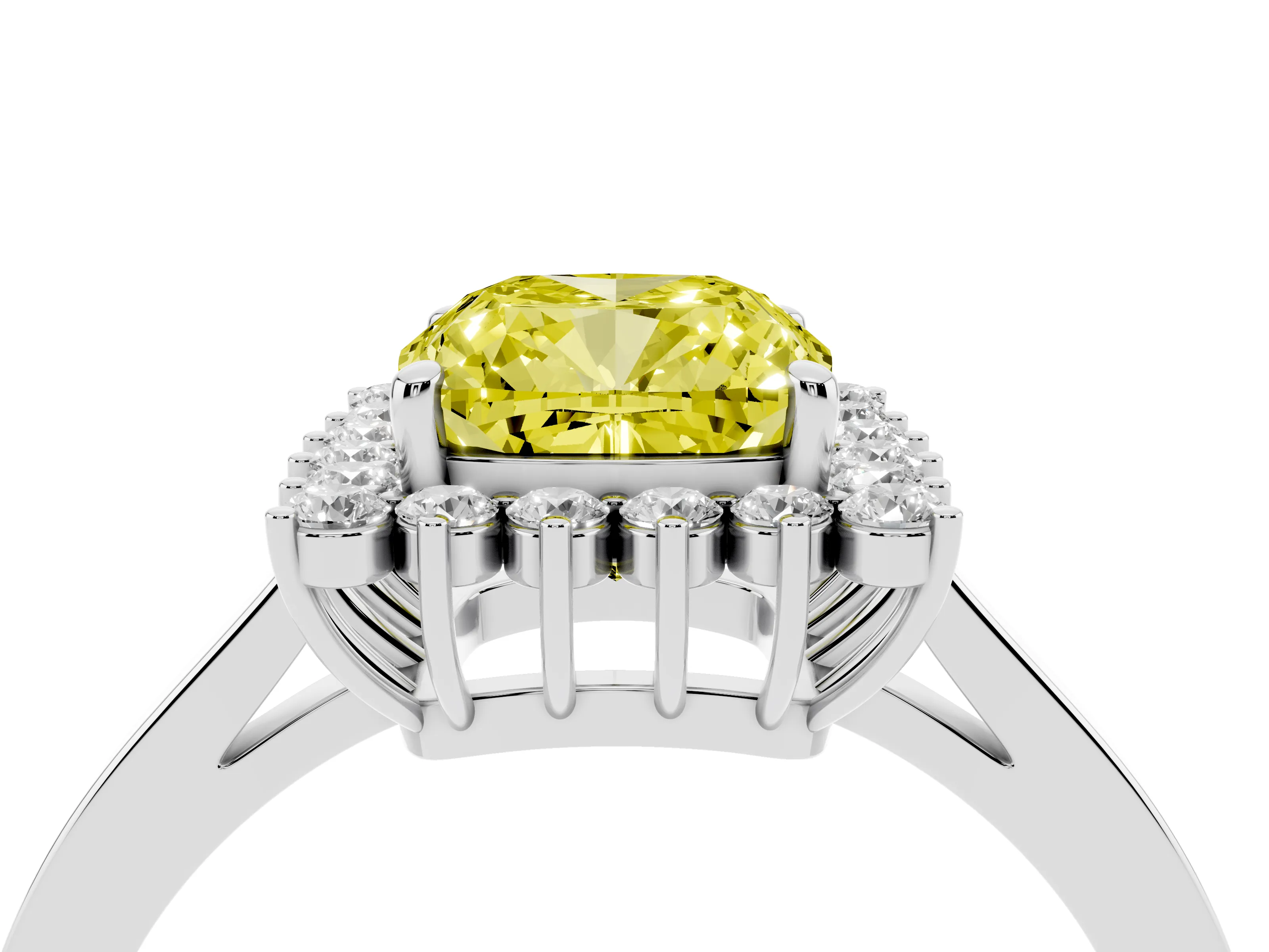 Fancy Yellow Cushion Cut Diamond Halo Ring Set in Silver with Round Halo and Smooth Solitaire Band