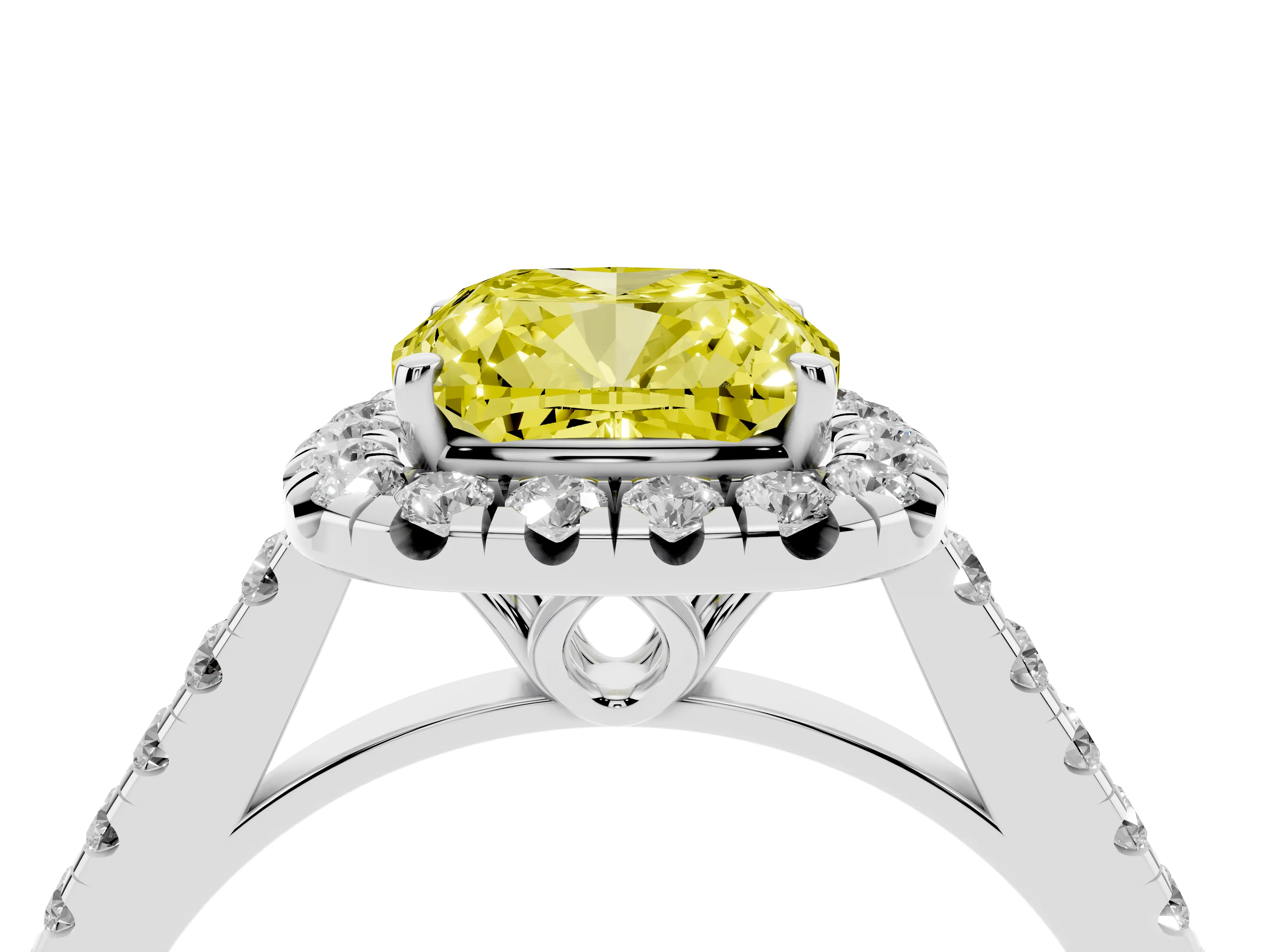 Fancy Yellow Cushion Cut Diamond Pavé Halo Engagement Ring Set in Platinum with Pavé Band and Prong Setting