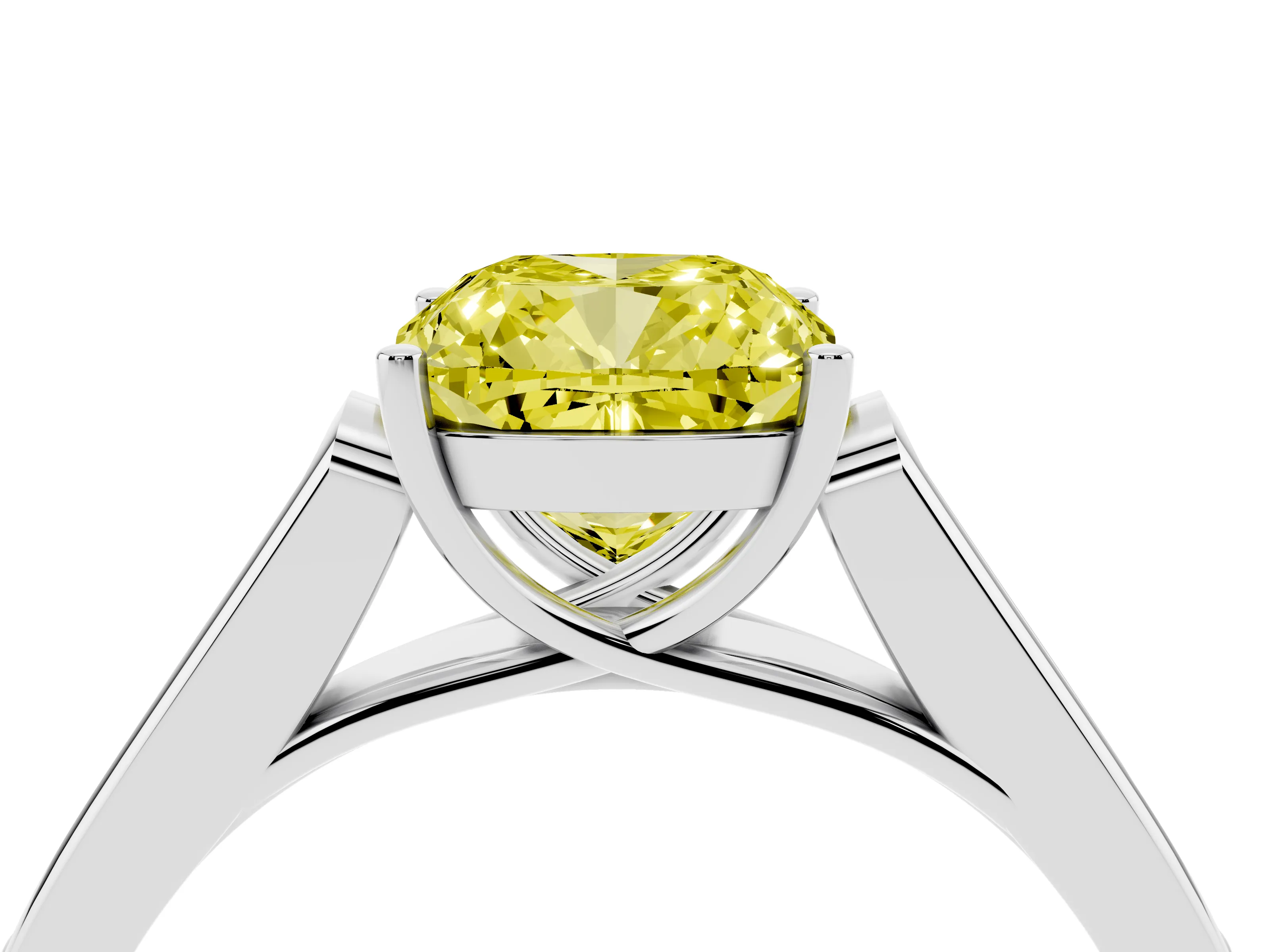 Fancy Yellow Cushion Cut Diamond Solitaire Cathedral Engagement Ring Set in Platinum with Channel-Set Band and Prong Setting