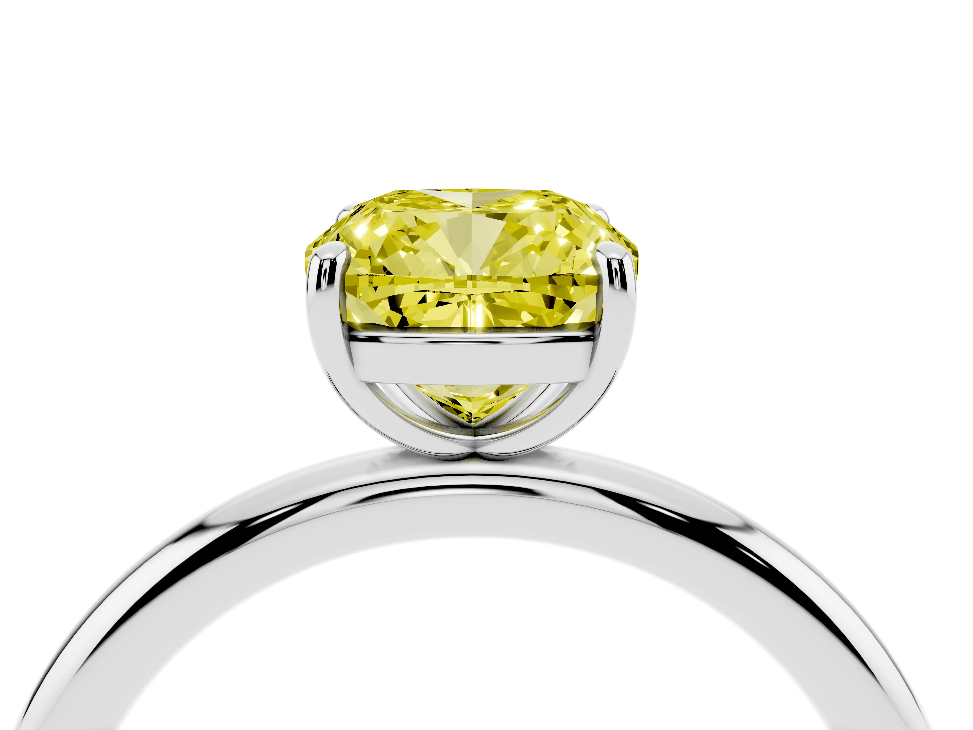 Fancy Yellow Cushion Cut Diamond Solitaire Ring Set in Platinum with Prong Setting on a Polished Plain Band