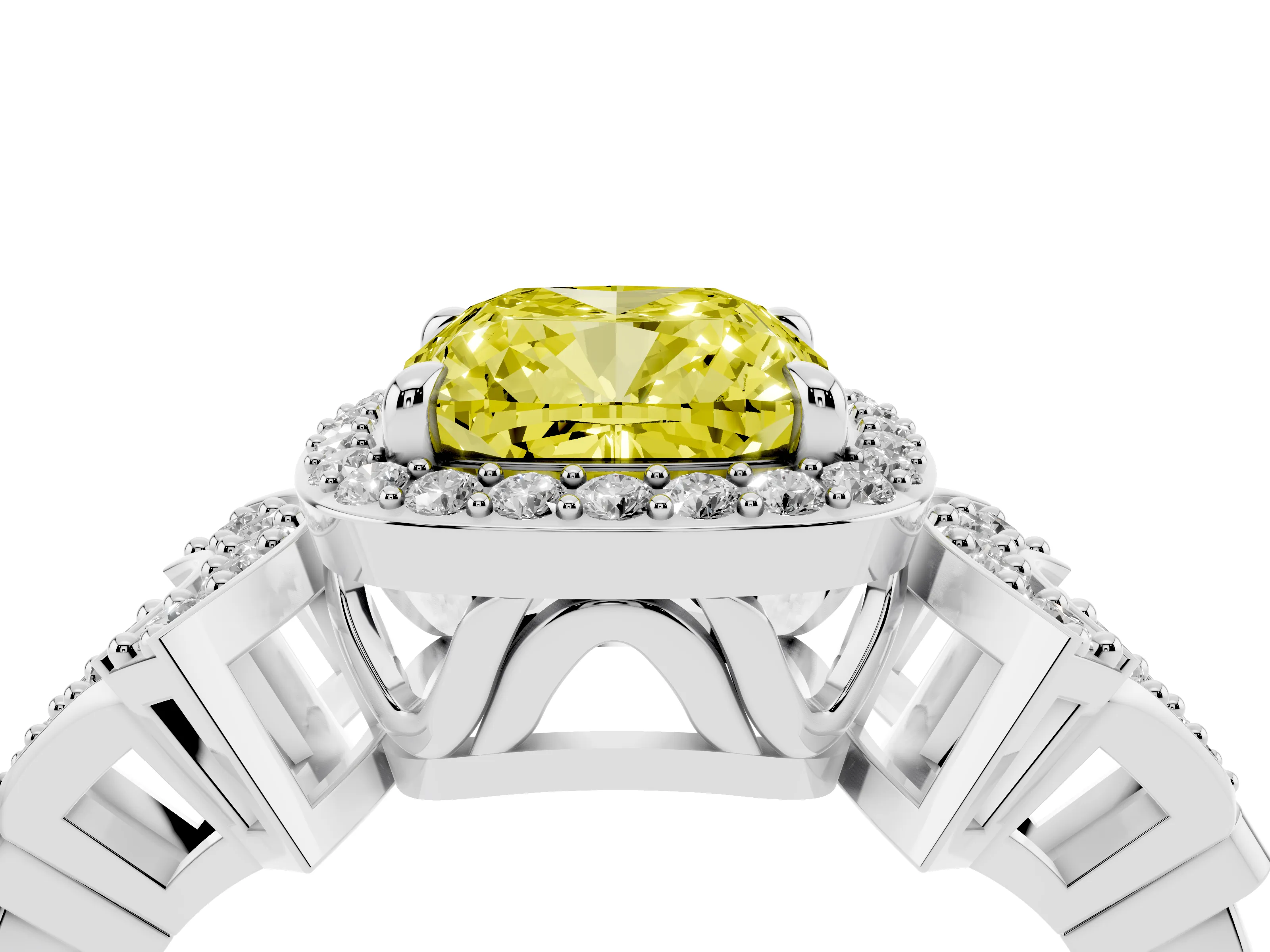 Fancy Yellow Cushion Cut Diamond Halo Engagement Ring Set in Platinum with Accent Stone Split Shank