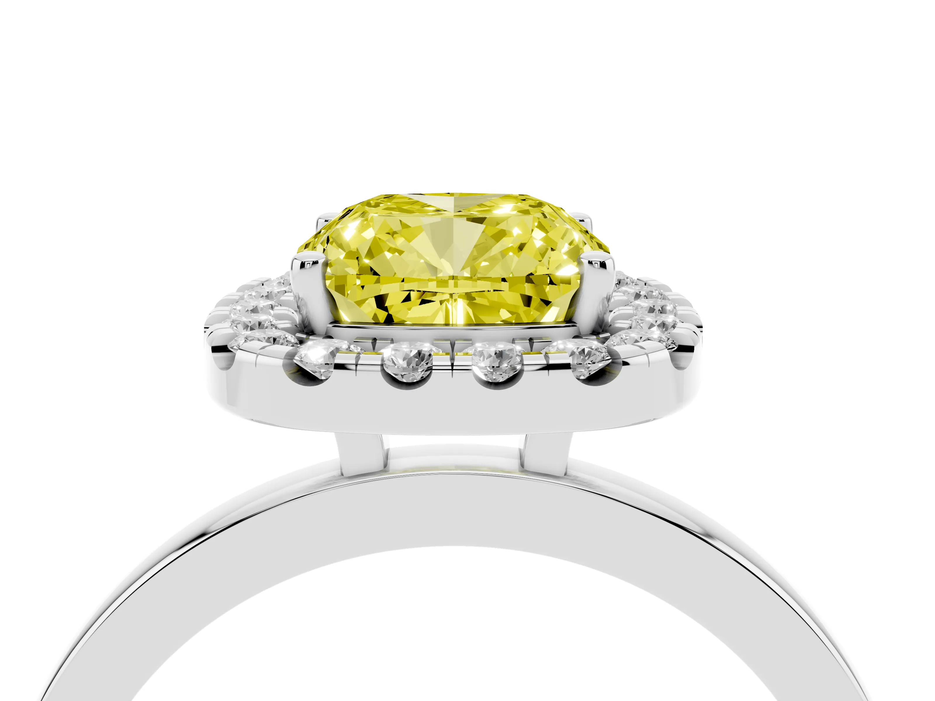 Fancy Yellow Cushion Cut Diamond Halo Solitaire Ring Set in White gold with Pavé Band and Prong Setting