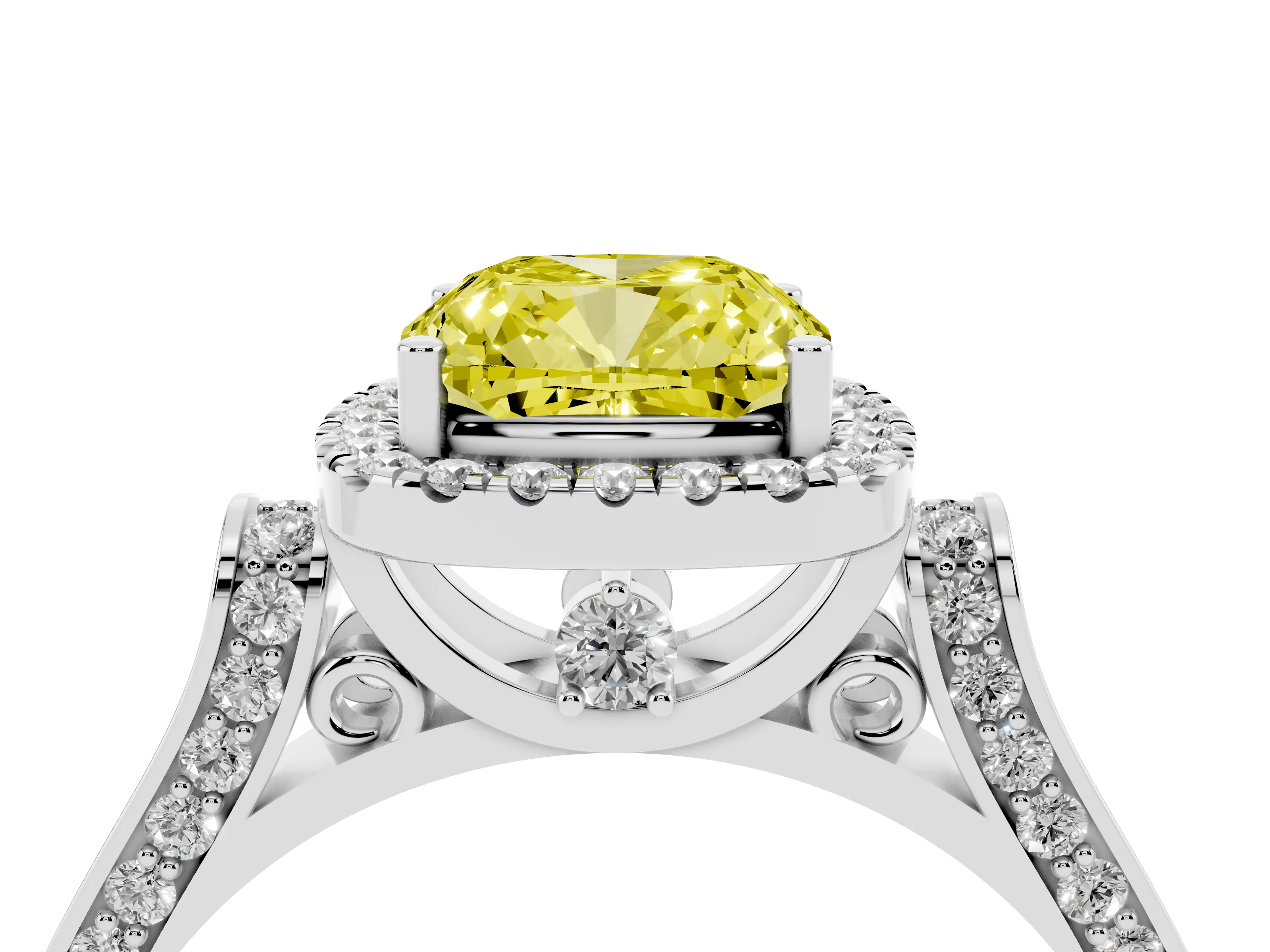 Fancy Yellow Cushion Cut Diamond Halo Ring Set in Platinum with Pavé-Lined Split Shank Band