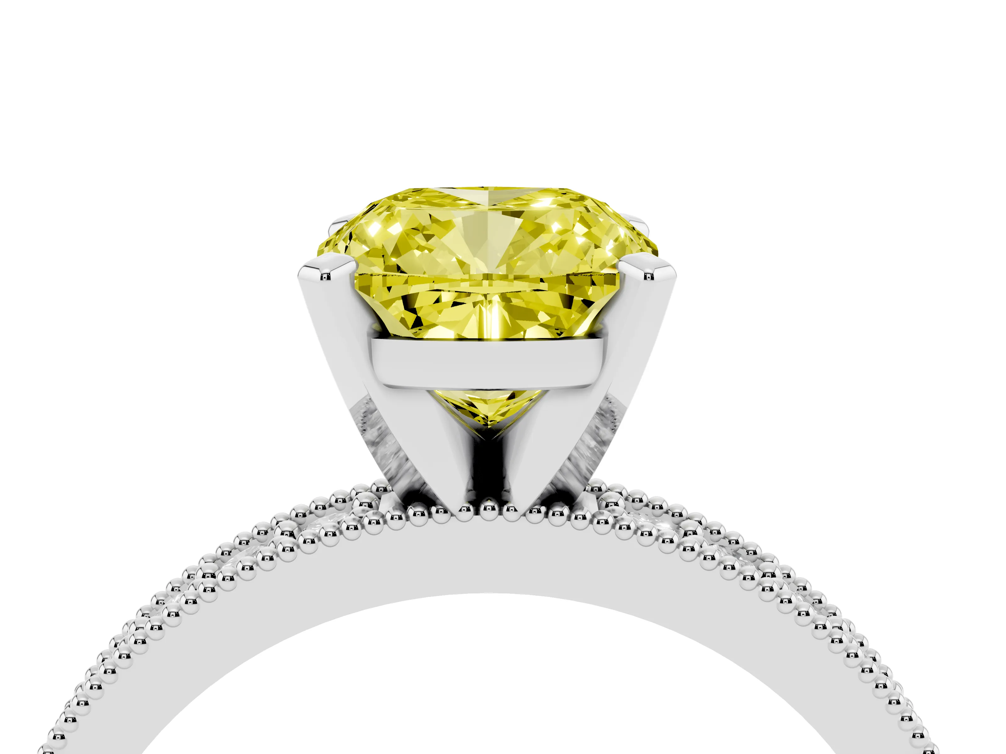 Fancy Yellow Cushion Cut Diamond Milgrain Pavé Engagement Ring Set in Platinum with Prong Setting