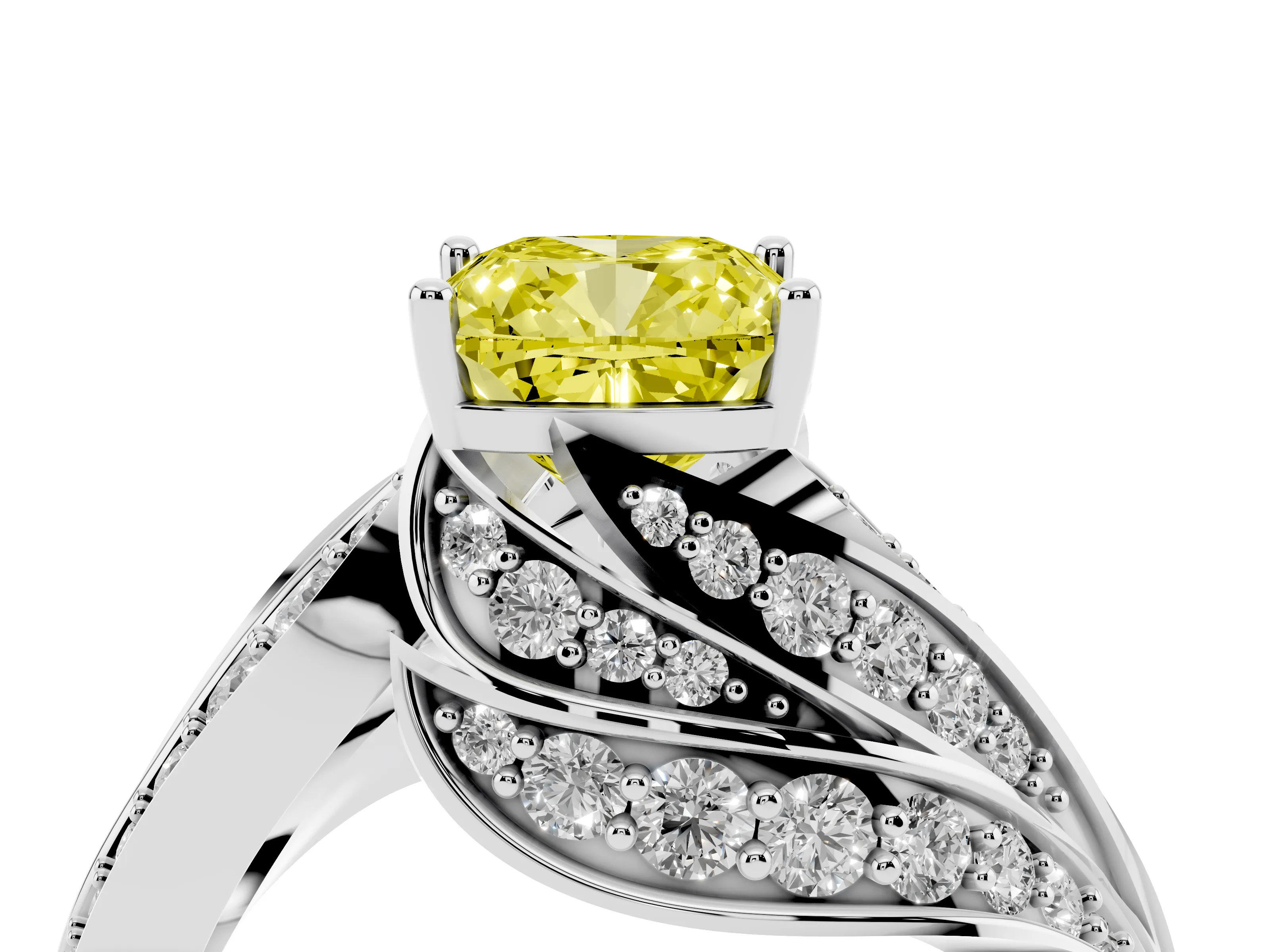 Fancy Yellow Cushion Cut Diamond Solitaire Ring Set in Silver with Layered Twist Pavé Band