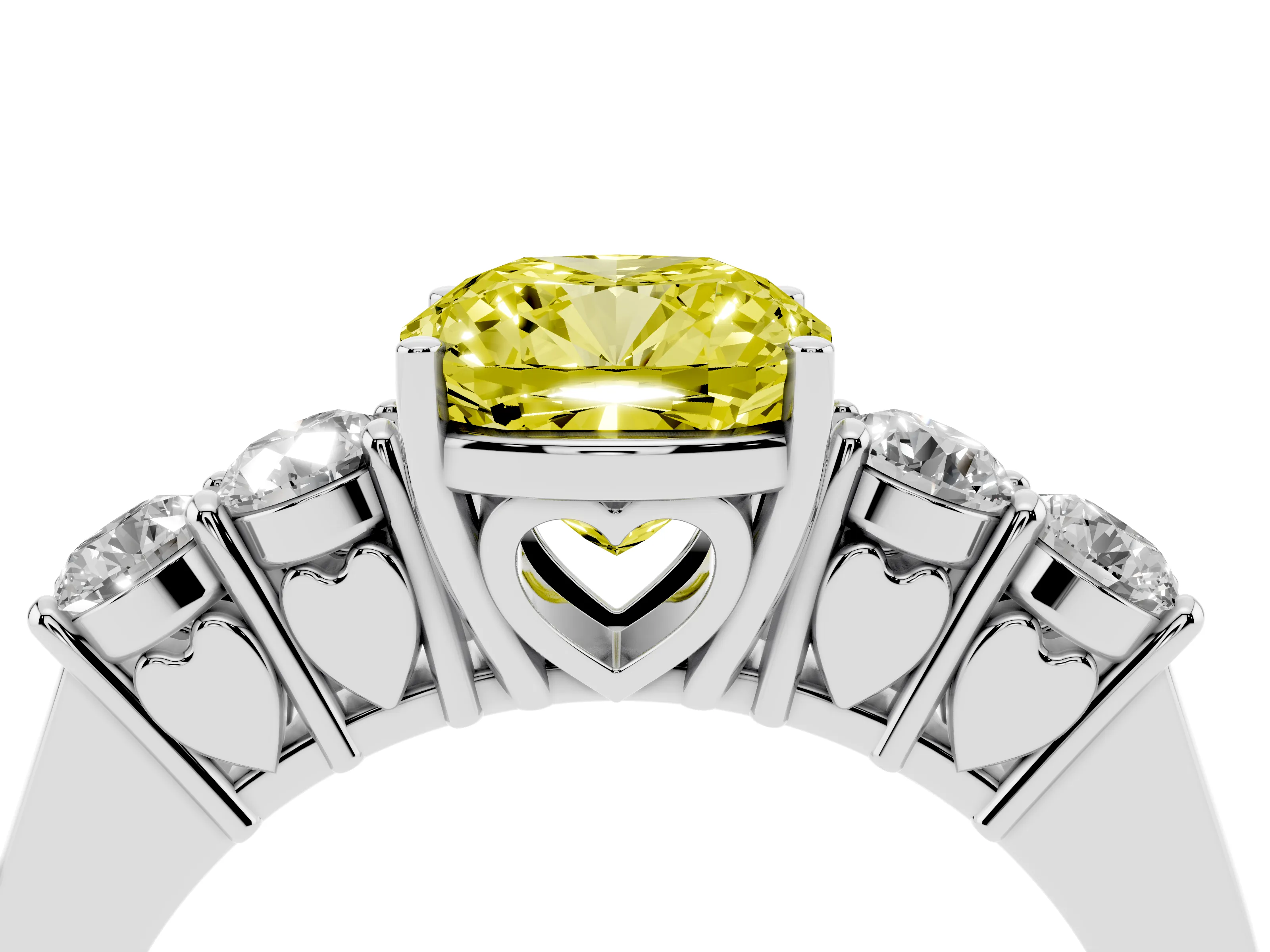 Fancy Yellow Cushion Cut Diamond Five-Stone Prong Set Band Ring Set in White gold with Polished Band
