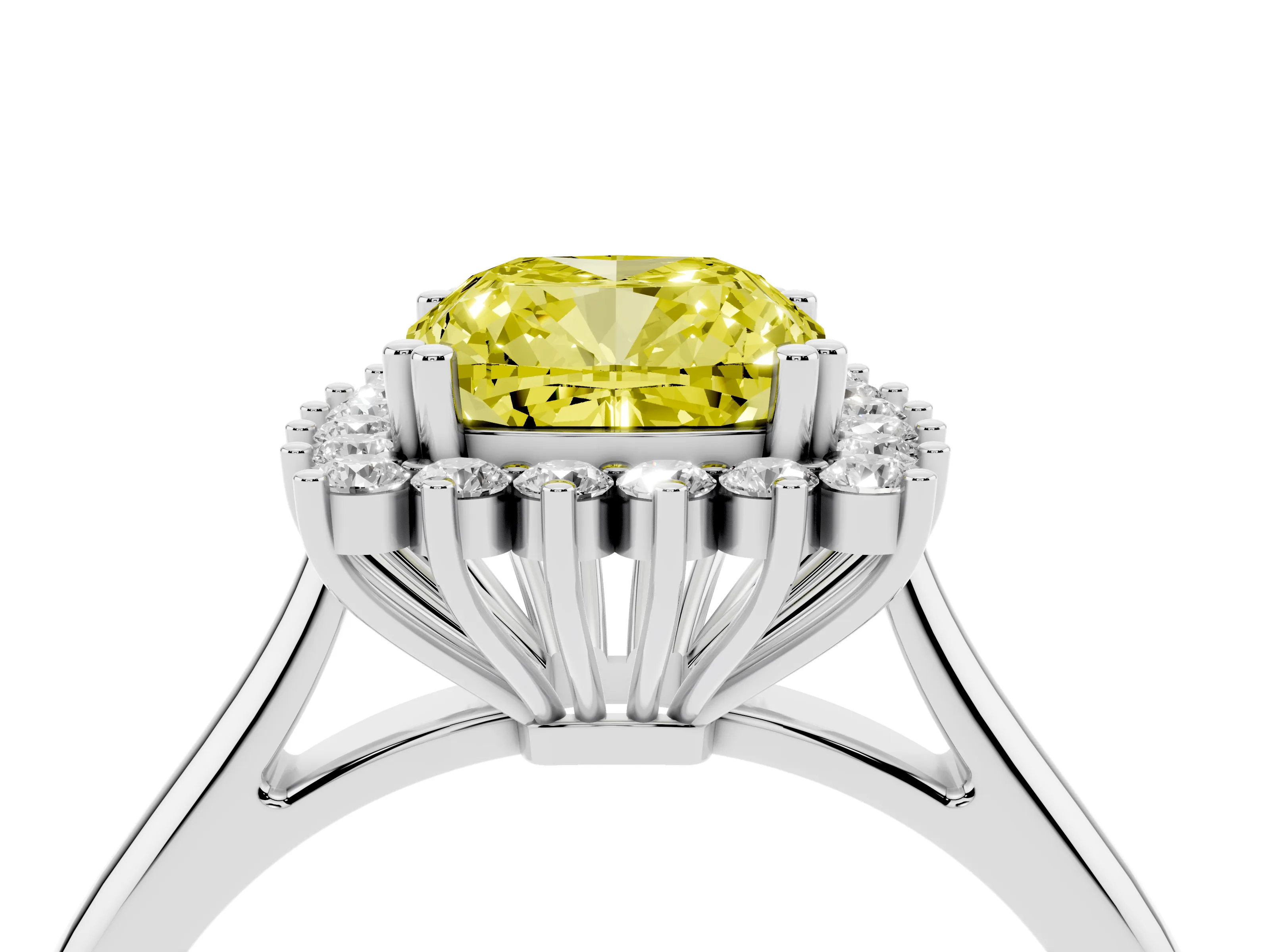 Fancy Yellow Cushion Cut Diamond Halo Ring Set in Platinum with Plain Solitaire Band and Prong Setting