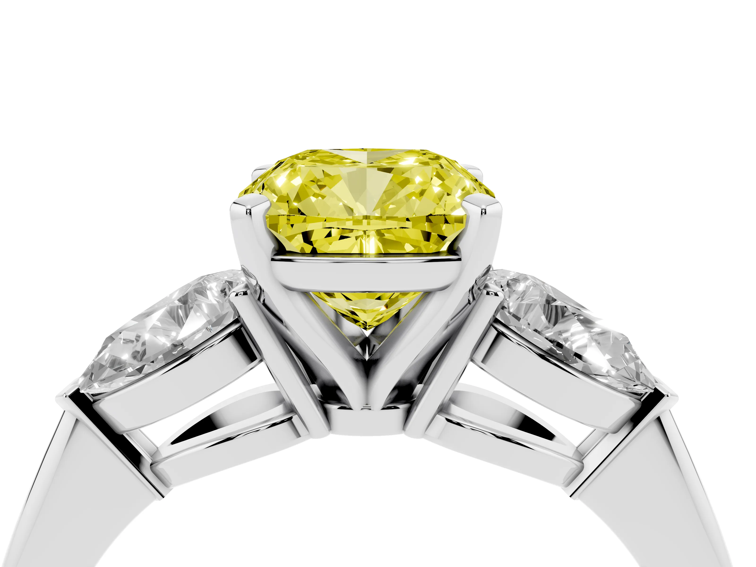 Fancy Yellow Three-Stone Cushion Cut Diamond Ring Set in Silver with Pear Side Stones and Prong Setting