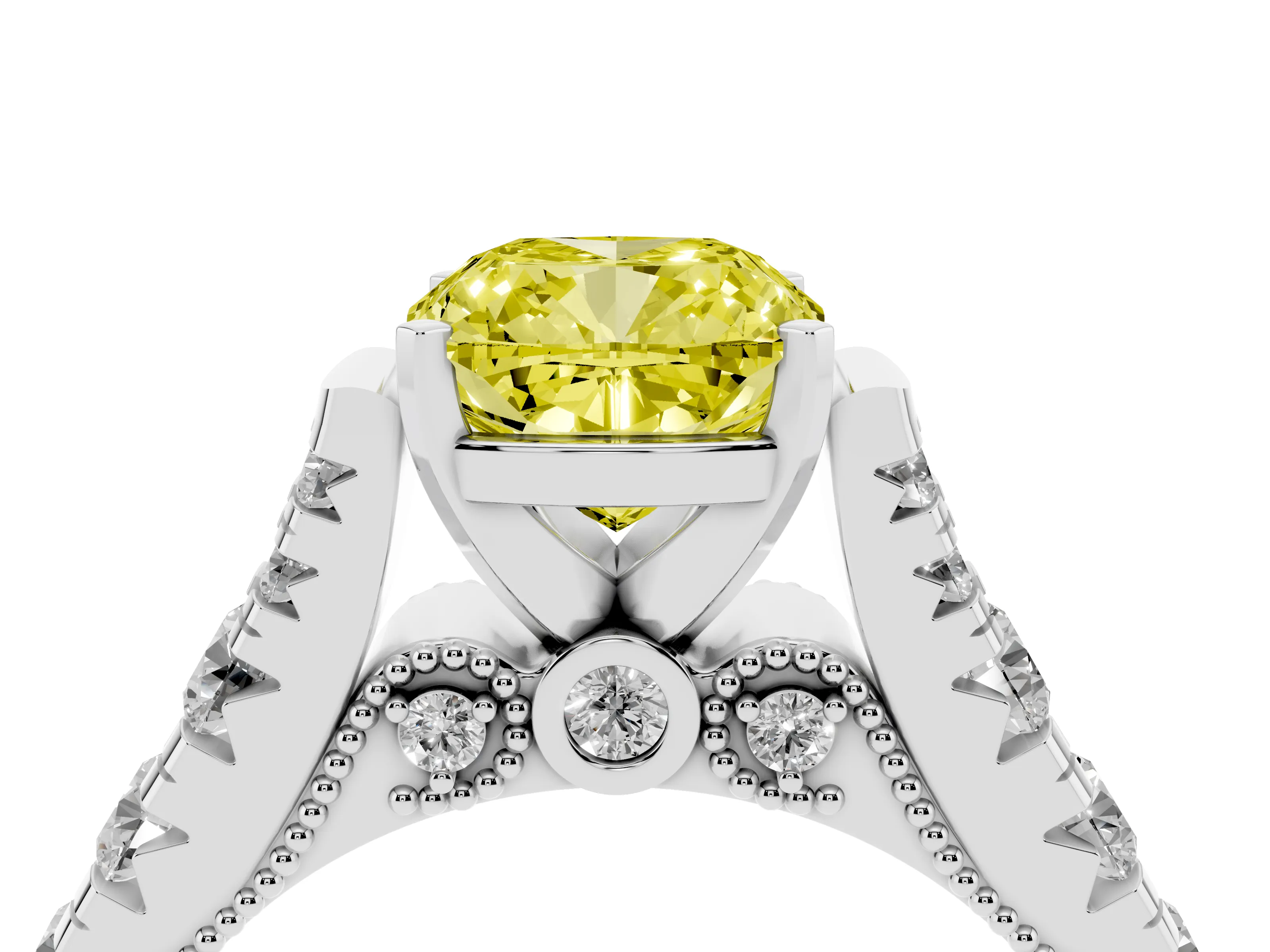 Fancy Yellow Cushion Cut Diamond Classic Solitaire Ring Set in White gold with Pavé Band and Prong Setting