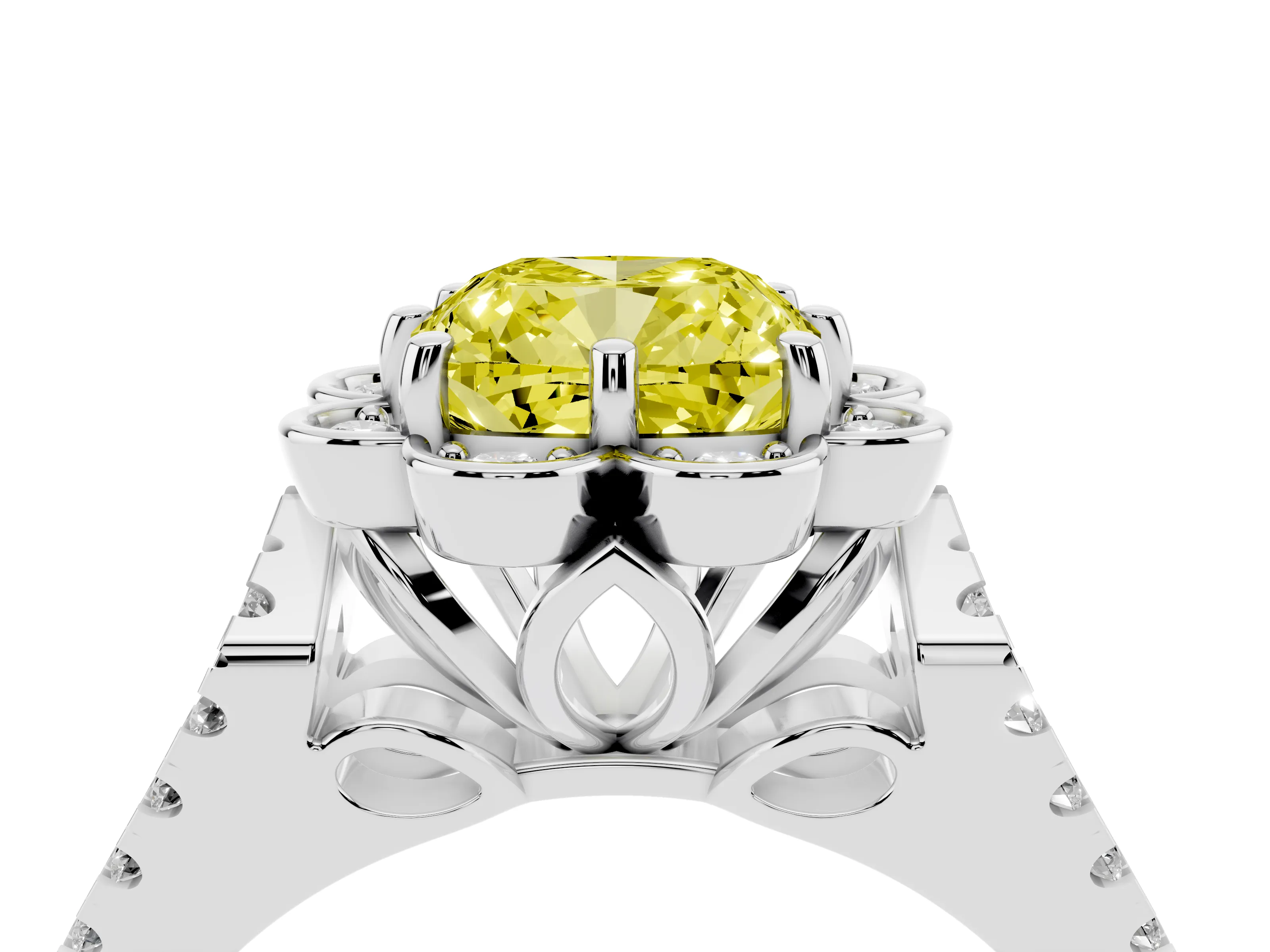Fancy Yellow Cushion Cut Diamond Floral Halo Split Shank Engagement Ring Set in Silver with Pavé Shank