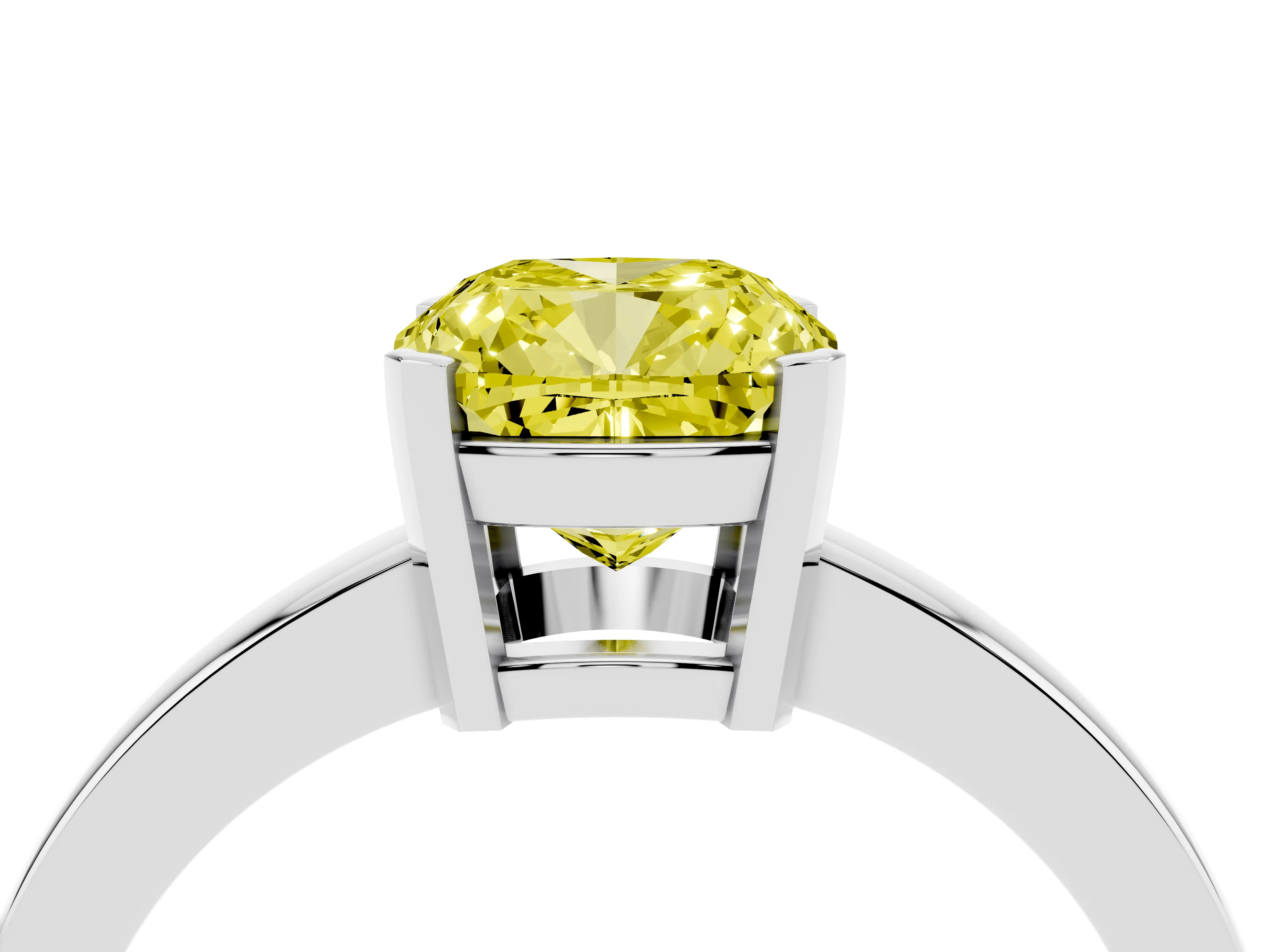 Fancy Yellow Cushion Cut Diamond Solitaire Ring Set in Silver with Prong Head and Smooth Polished Band