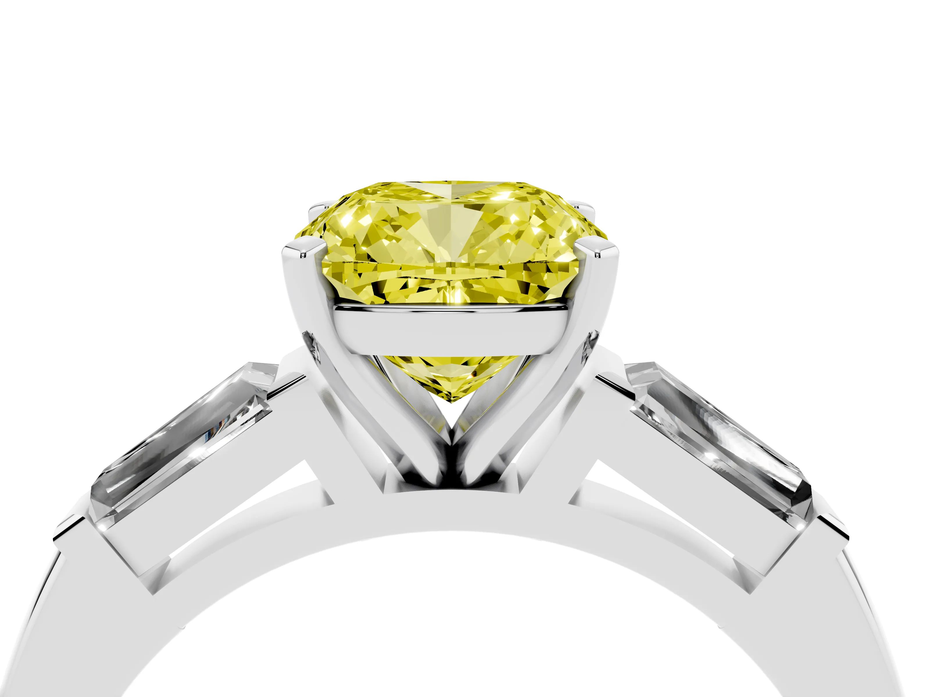 Fancy Yellow Cushion Cut Diamond Solitaire Ring Set in White gold with Tapered Baguette Side Stones and Prong Setting