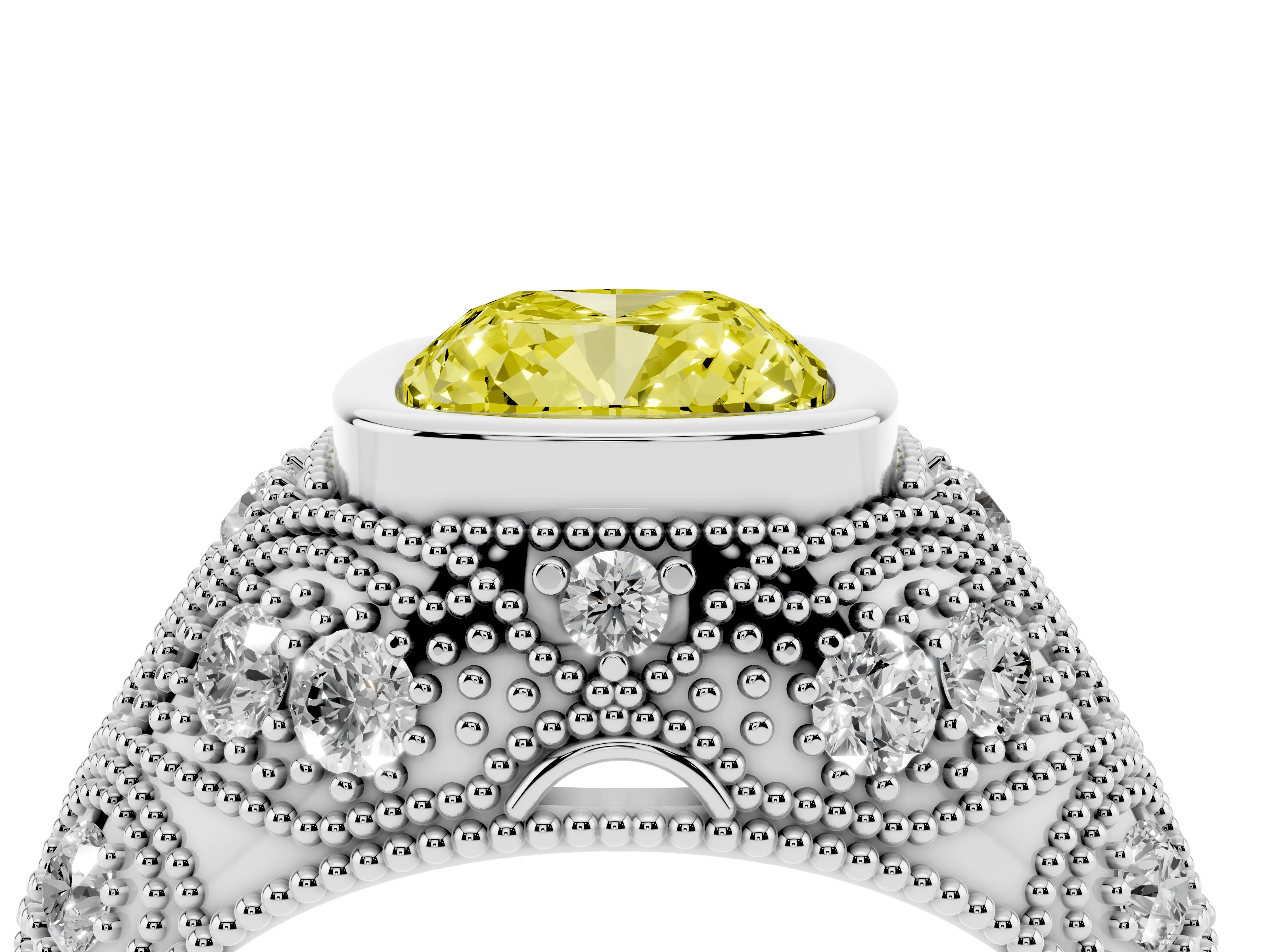 Fancy Yellow Cushion Cut Diamond Bezel Ring Set in Silver with Milgrain Accent Band
