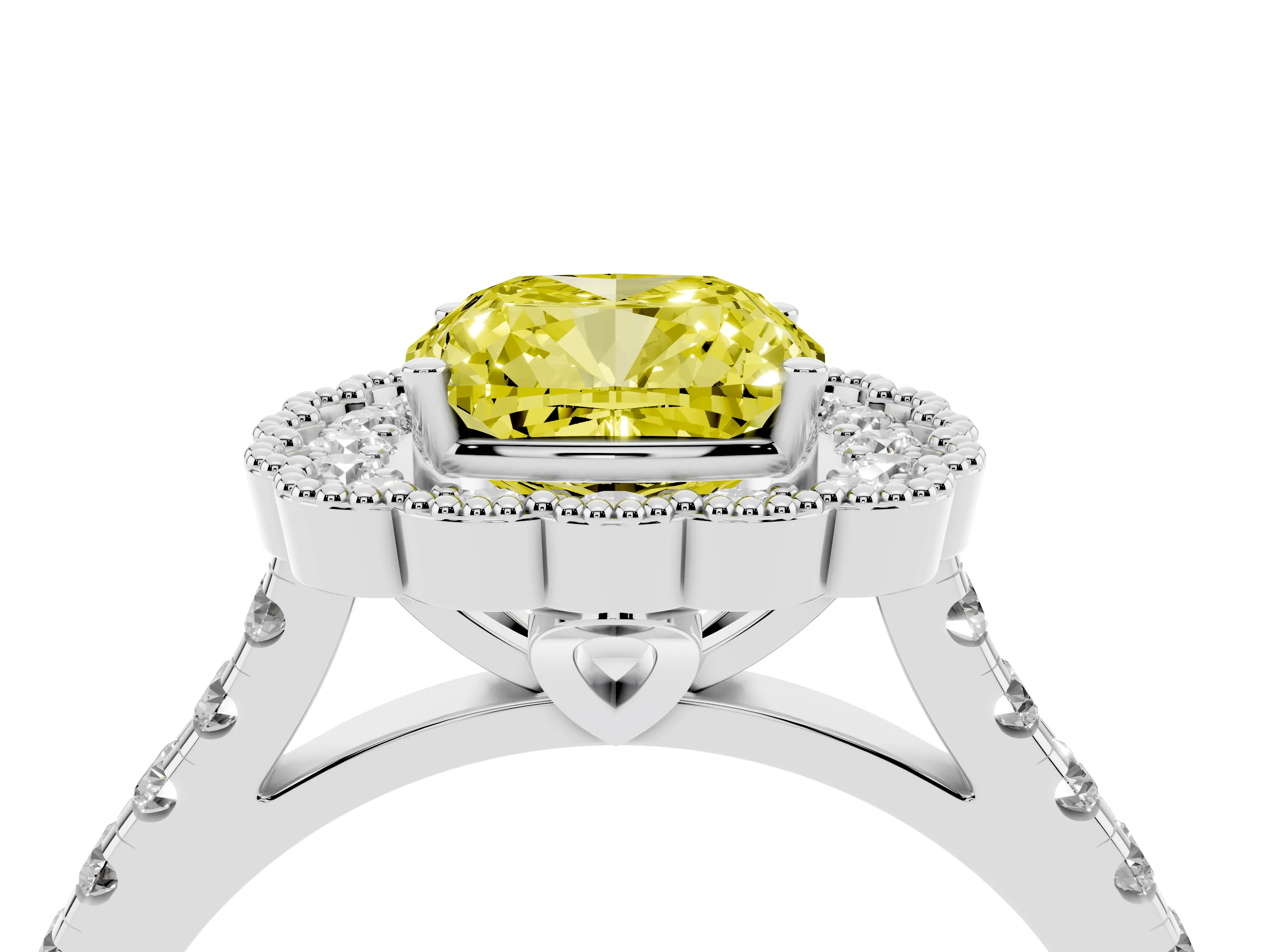 Fancy Yellow Cushion Cut Diamond Milgrain Floral Halo Engagement Ring Set in White gold with Pavé Band