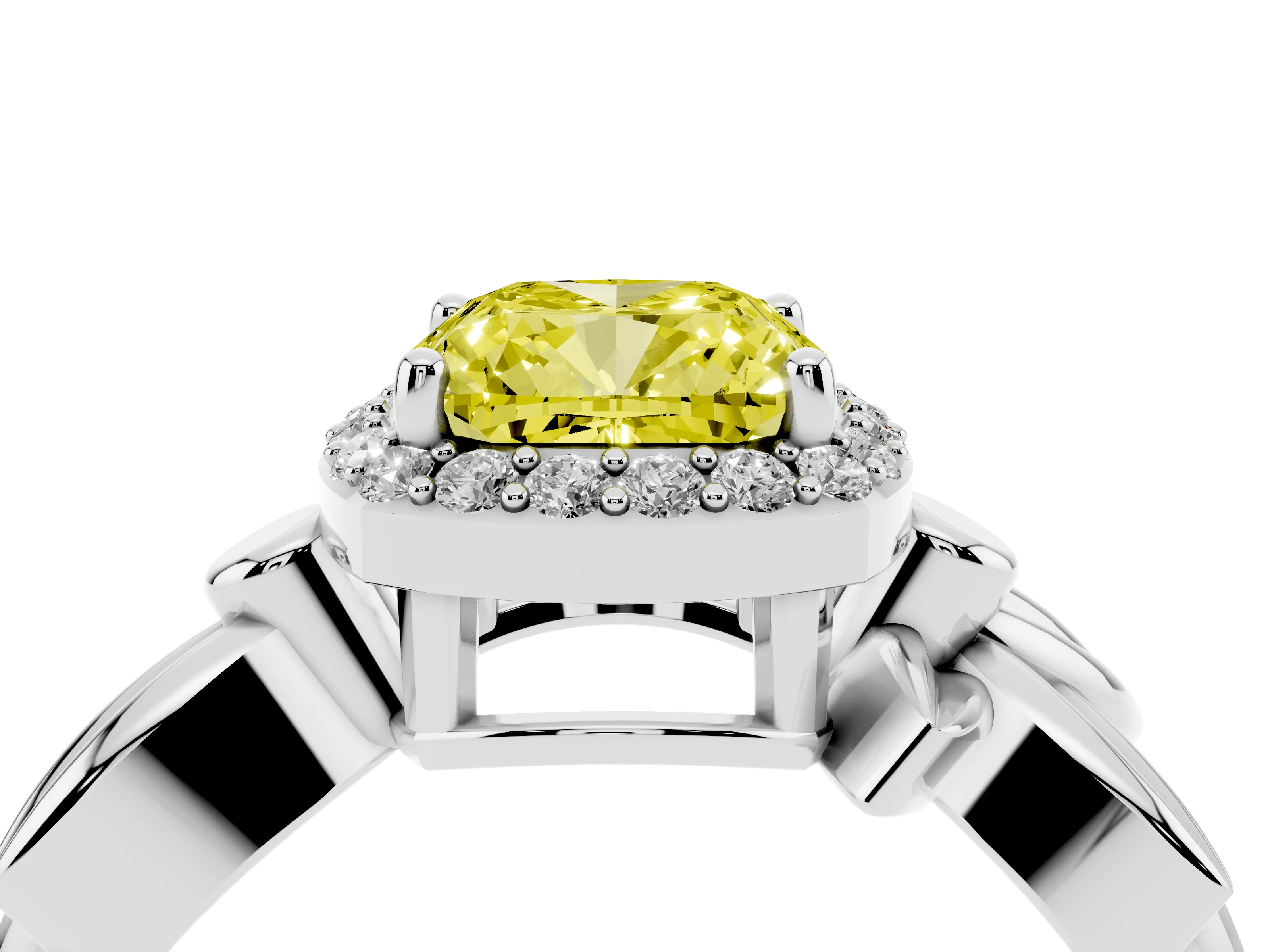 Fancy Yellow Cushion Cut Diamond Halo Floral Band Ring Set in Silver with Prong Setting