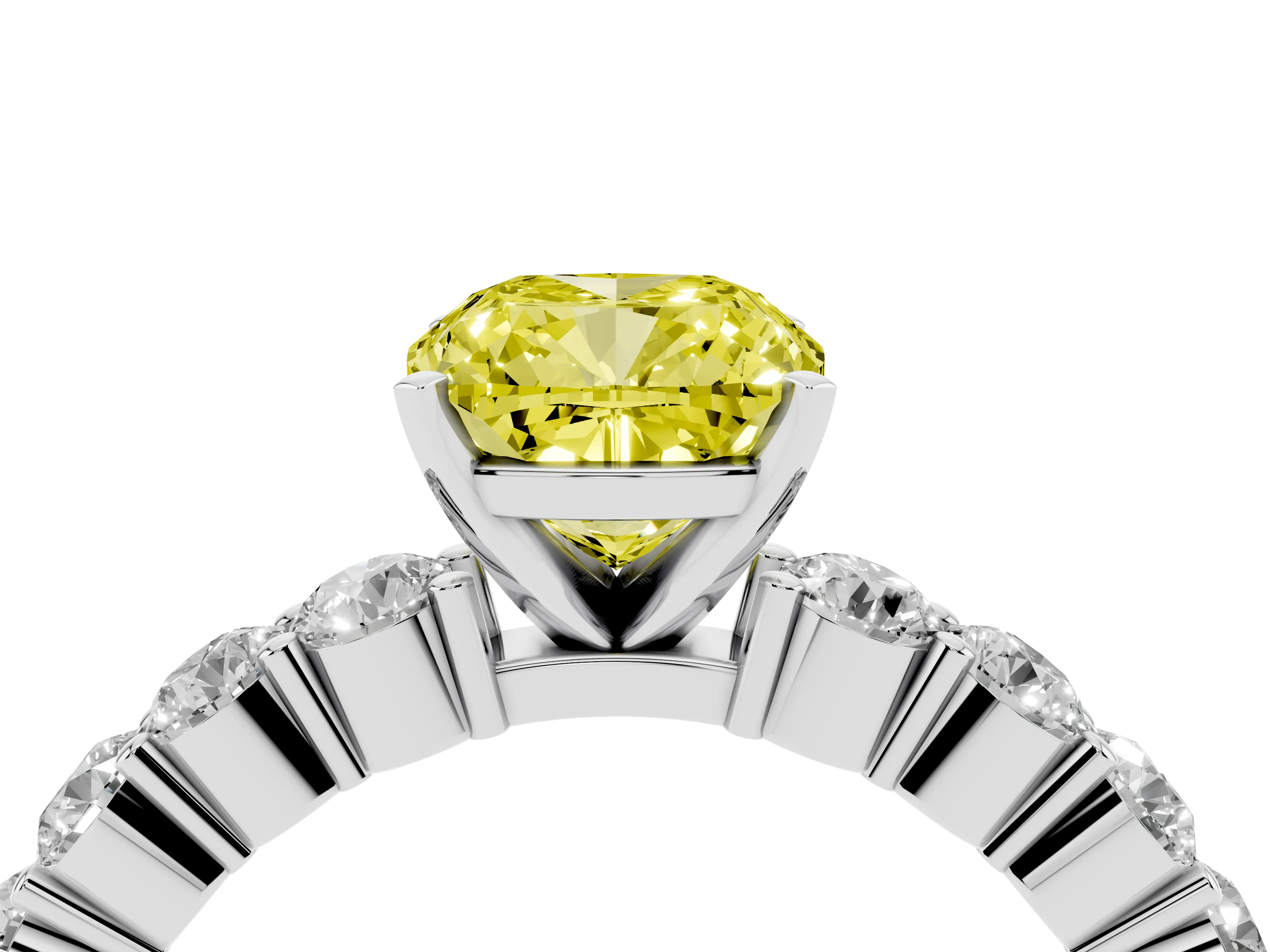 Fancy Yellow Cushion Cut Diamond Solitaire Ring Set in Silver with Shared Prong Round Side Stones