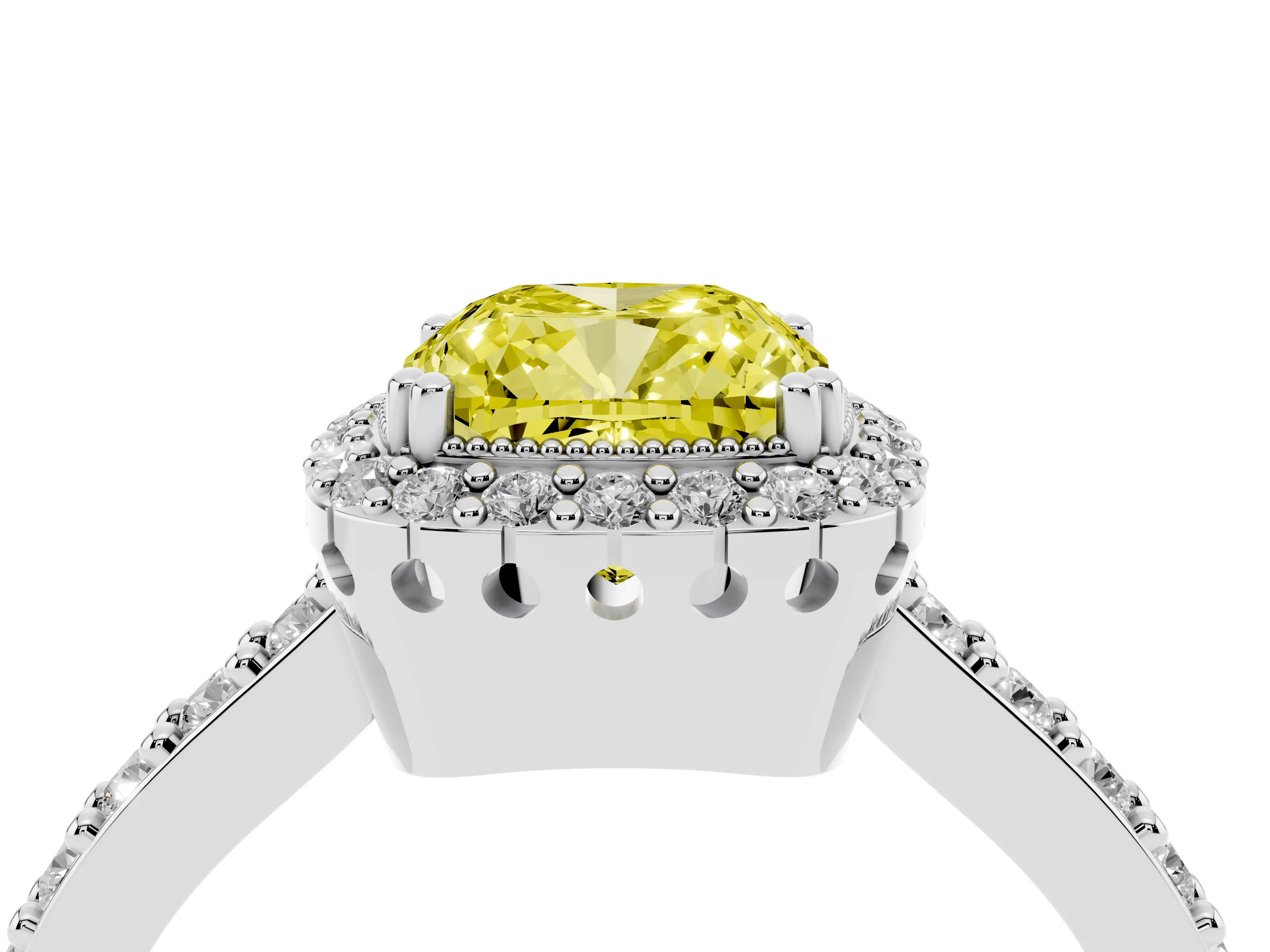 Fancy Yellow Cushion Cut Diamond Halo Engagement Ring Set in Silver with Milgrain Detail and Pavé Band
