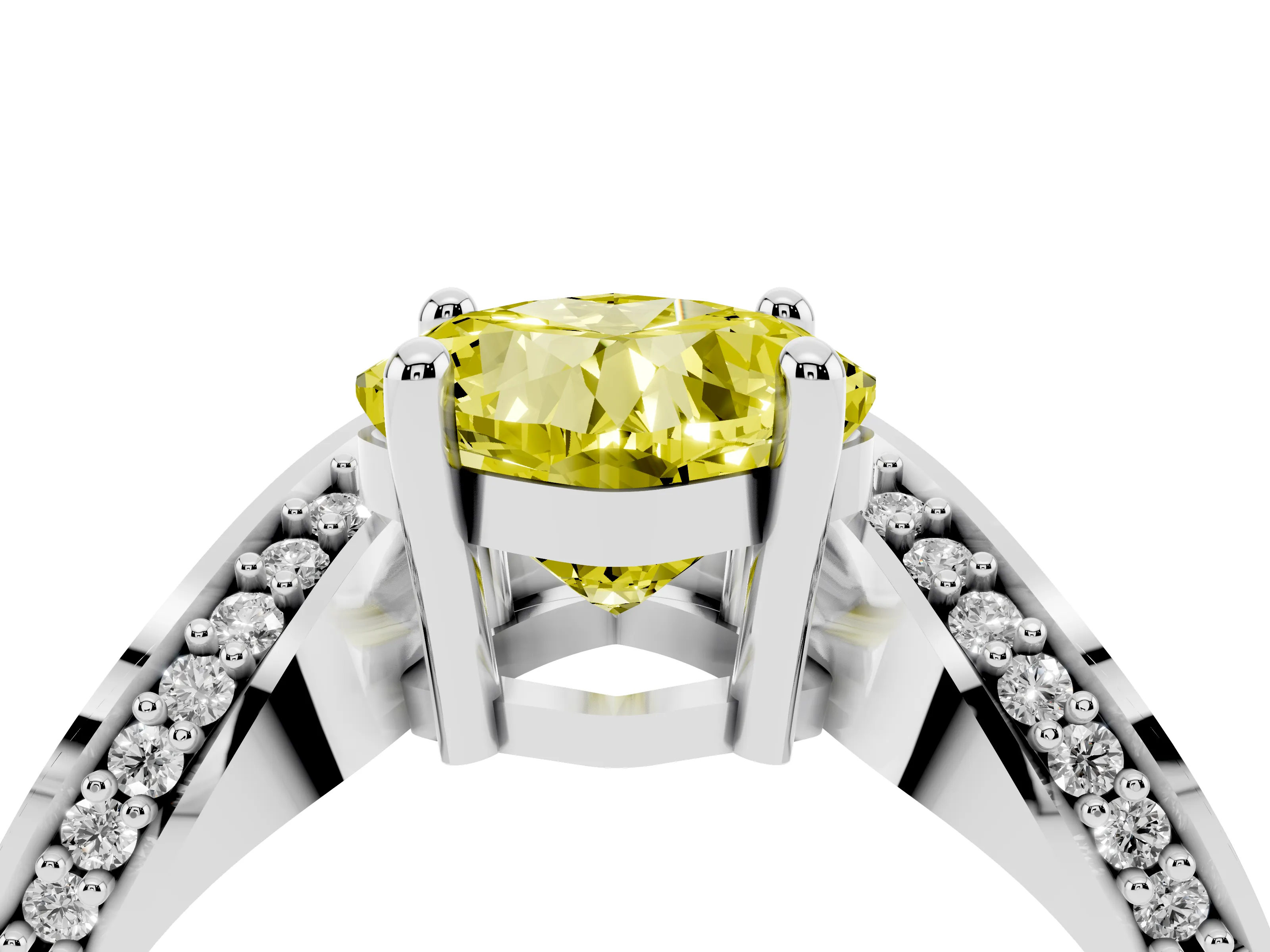 Fancy Yellow Cushion Cut Diamond Solitaire Engagement Ring Set in Silver with Pavé Shoulders