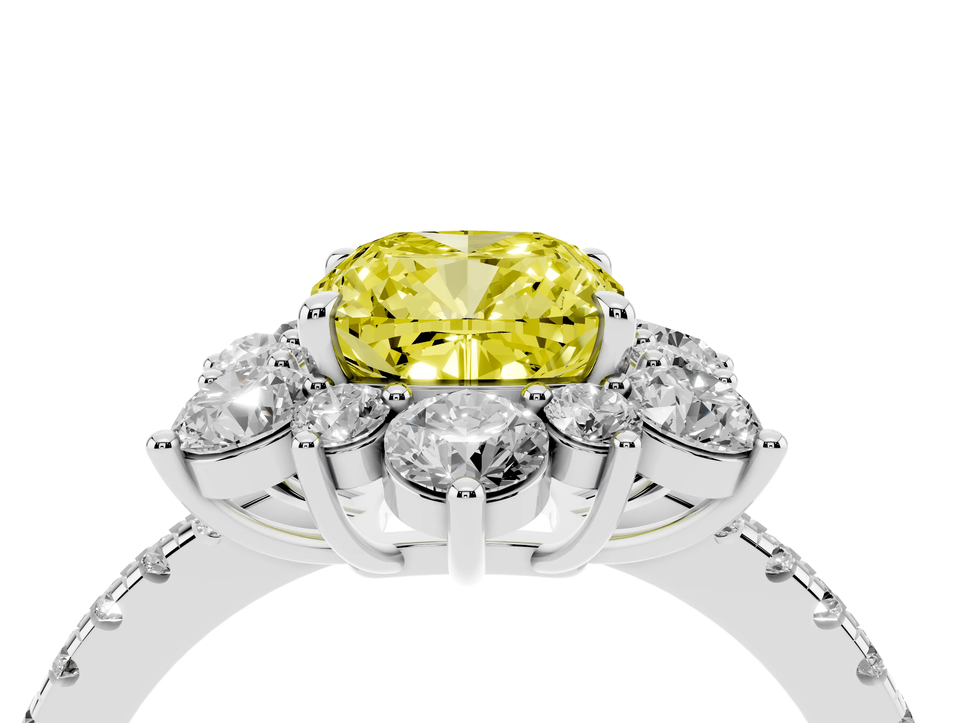 Fancy Yellow Cushion Cut Diamond Floral Halo Ring Set in Silver with Round Pavé Band and Prong Setting