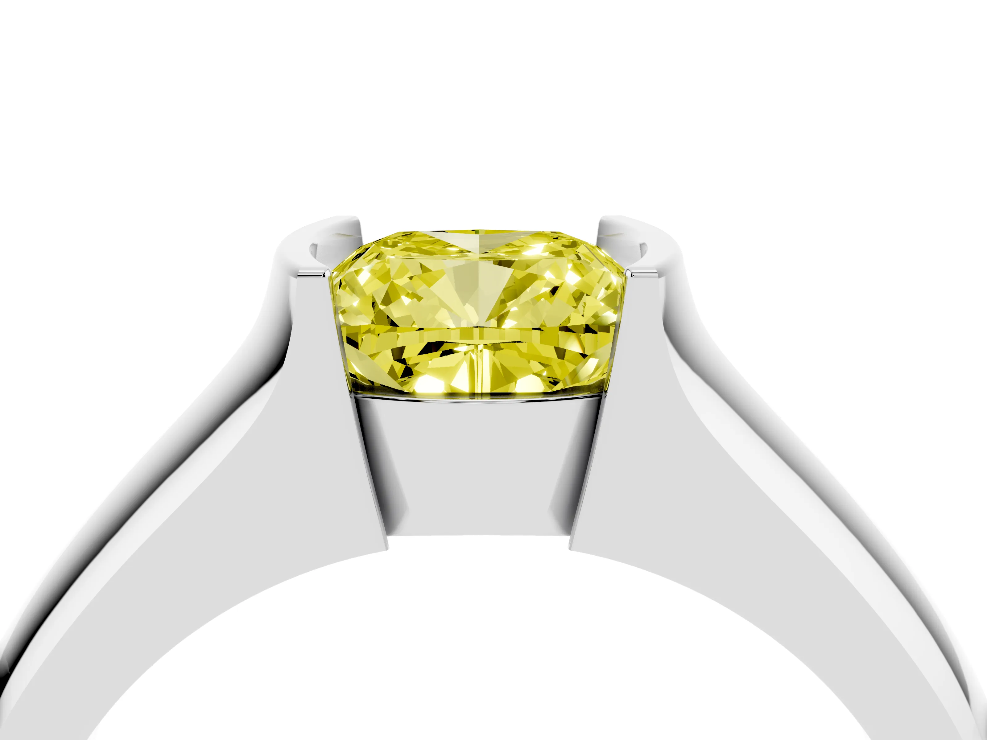 Fancy Yellow Cushion Cut Diamond Bezel Solitaire Ring Set in White gold with Wide Band
