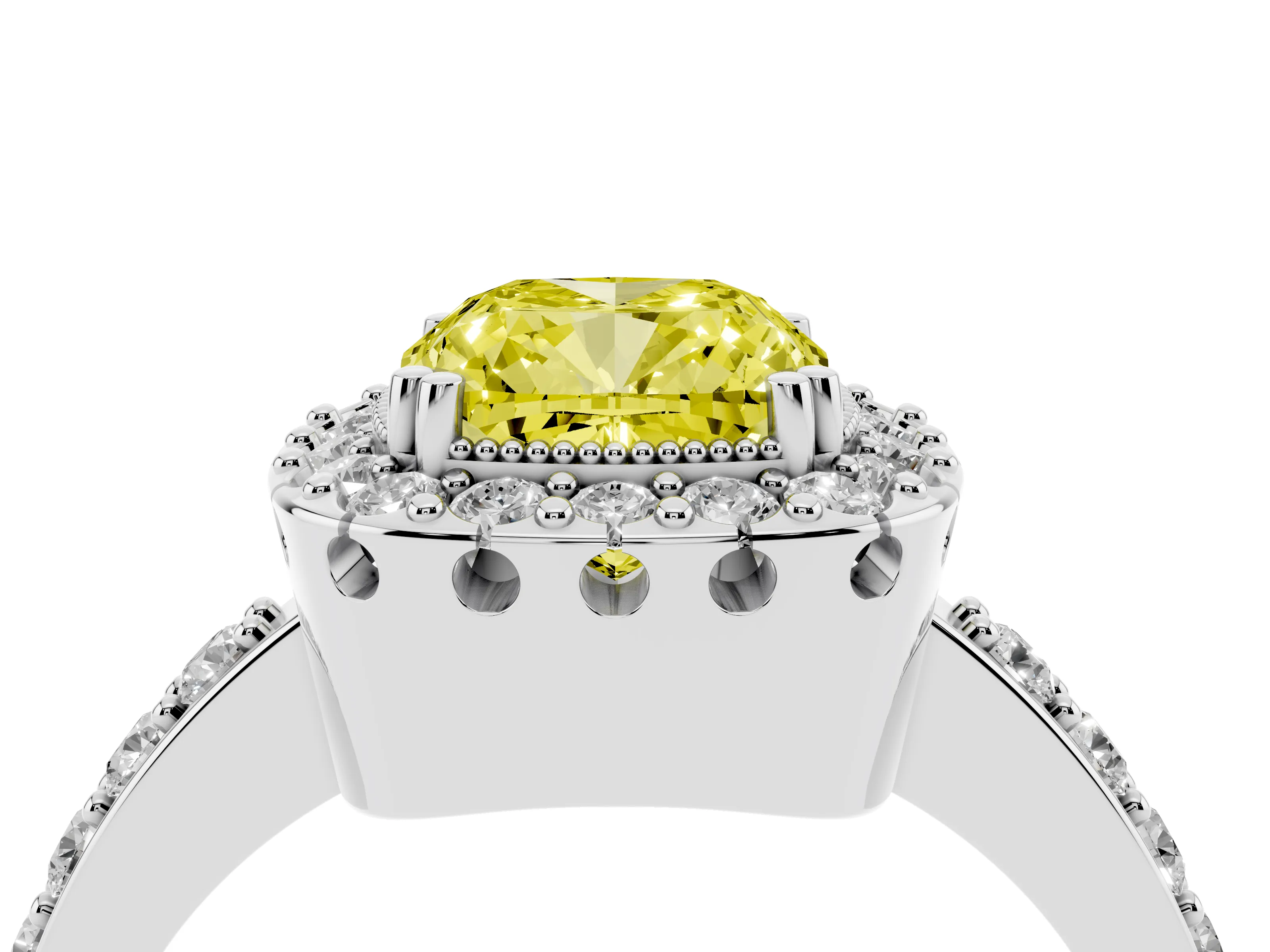 Fancy Yellow Cushion Cut Diamond Halo Ring Set in White gold with Pavé Shank and Prong Setting