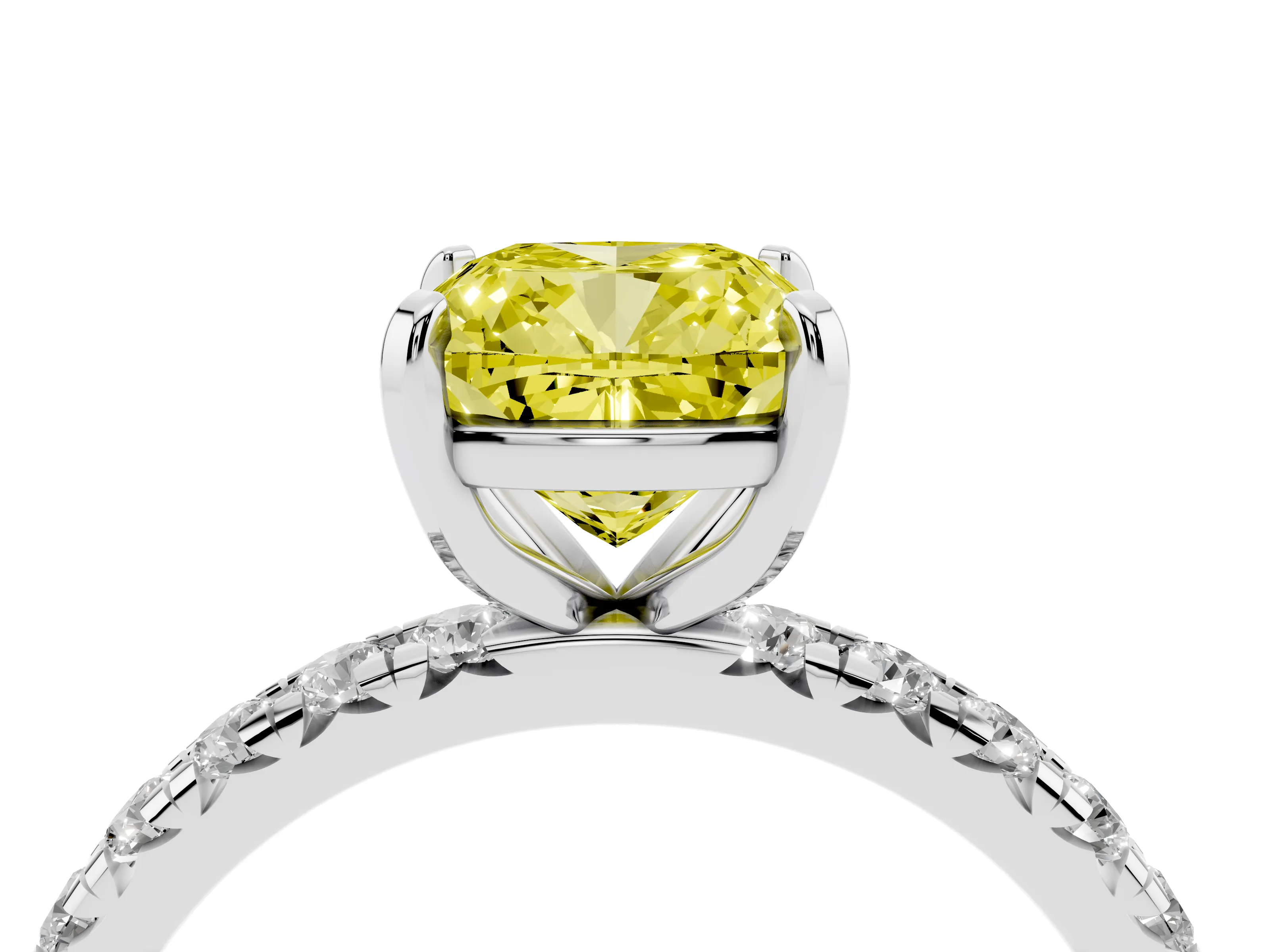 Fancy Yellow Cushion Cut Diamond Pavé Solitaire Ring Set in White gold with Round Band and Prong Setting