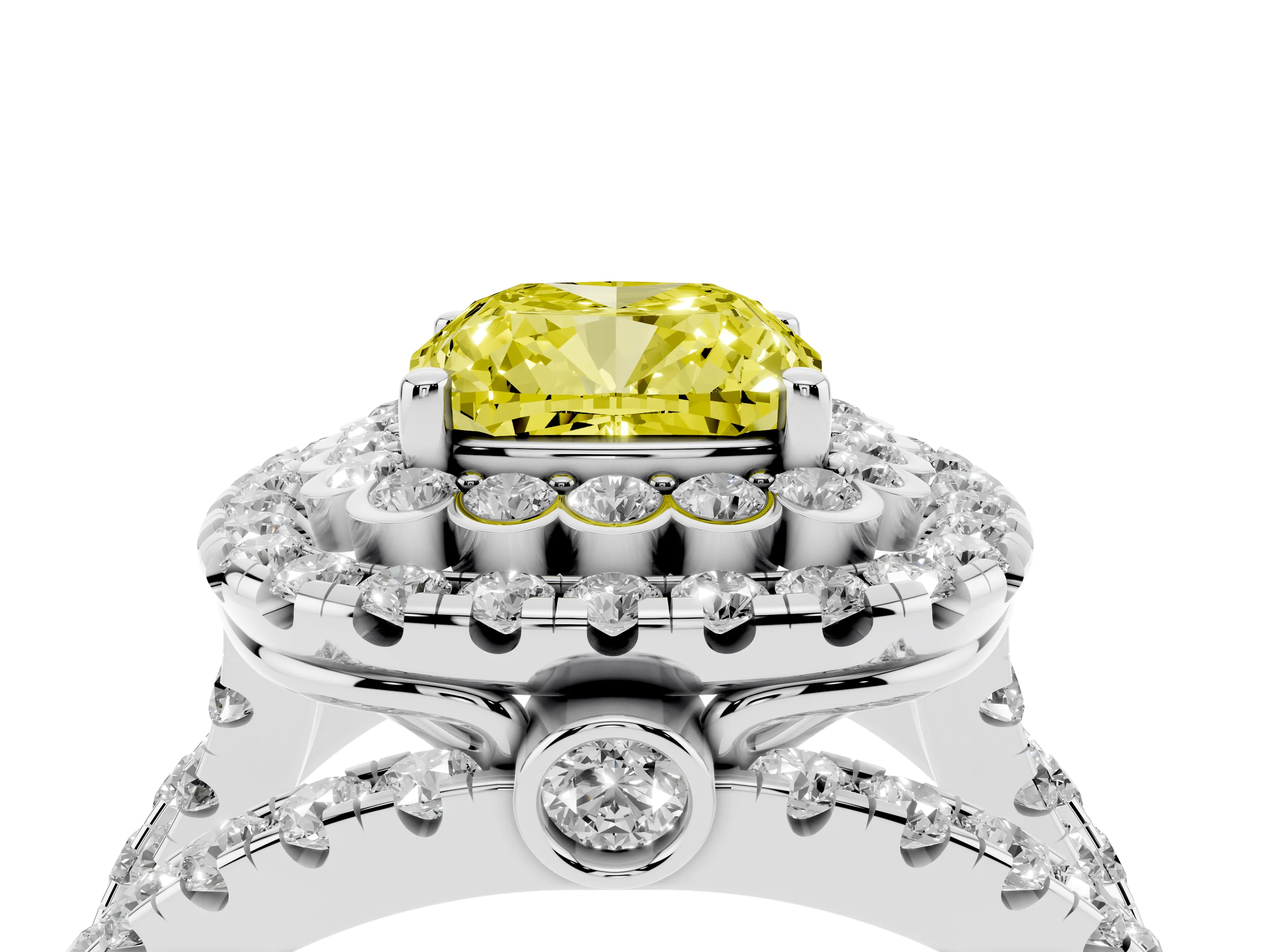 Fancy Yellow Cushion Cut Diamond Double Halo Ring Set in Silver with Round Pavé Split Shank