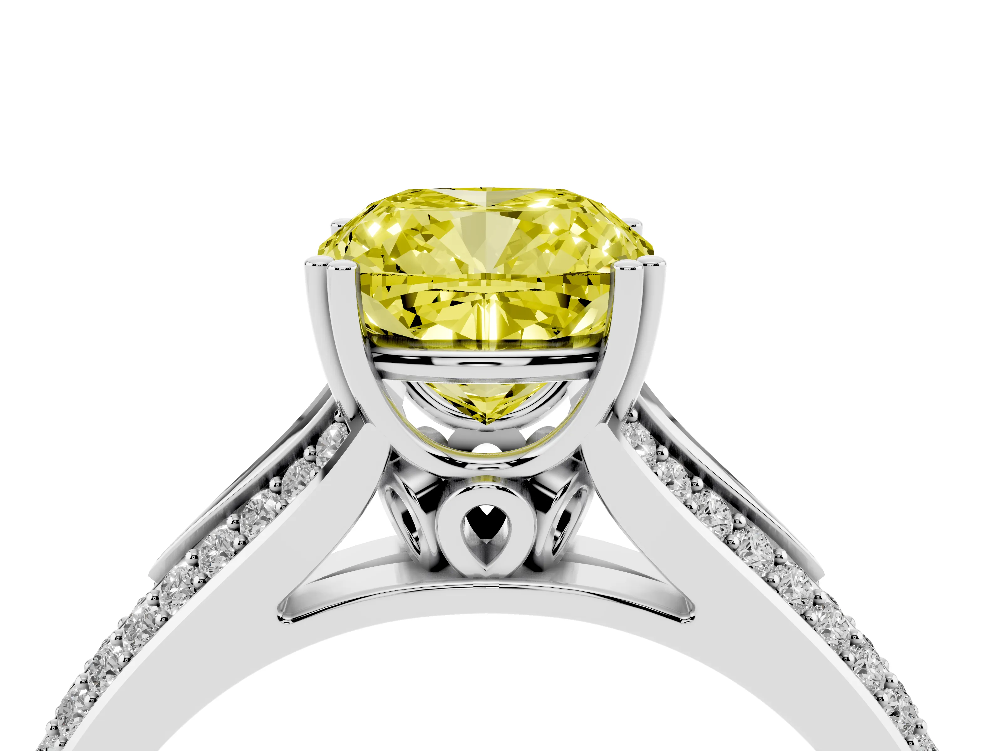 Fancy Yellow Cushion Cut Diamond Split Shank Pavé Engagement Ring Set in Platinum with Prong-Set Center Stone