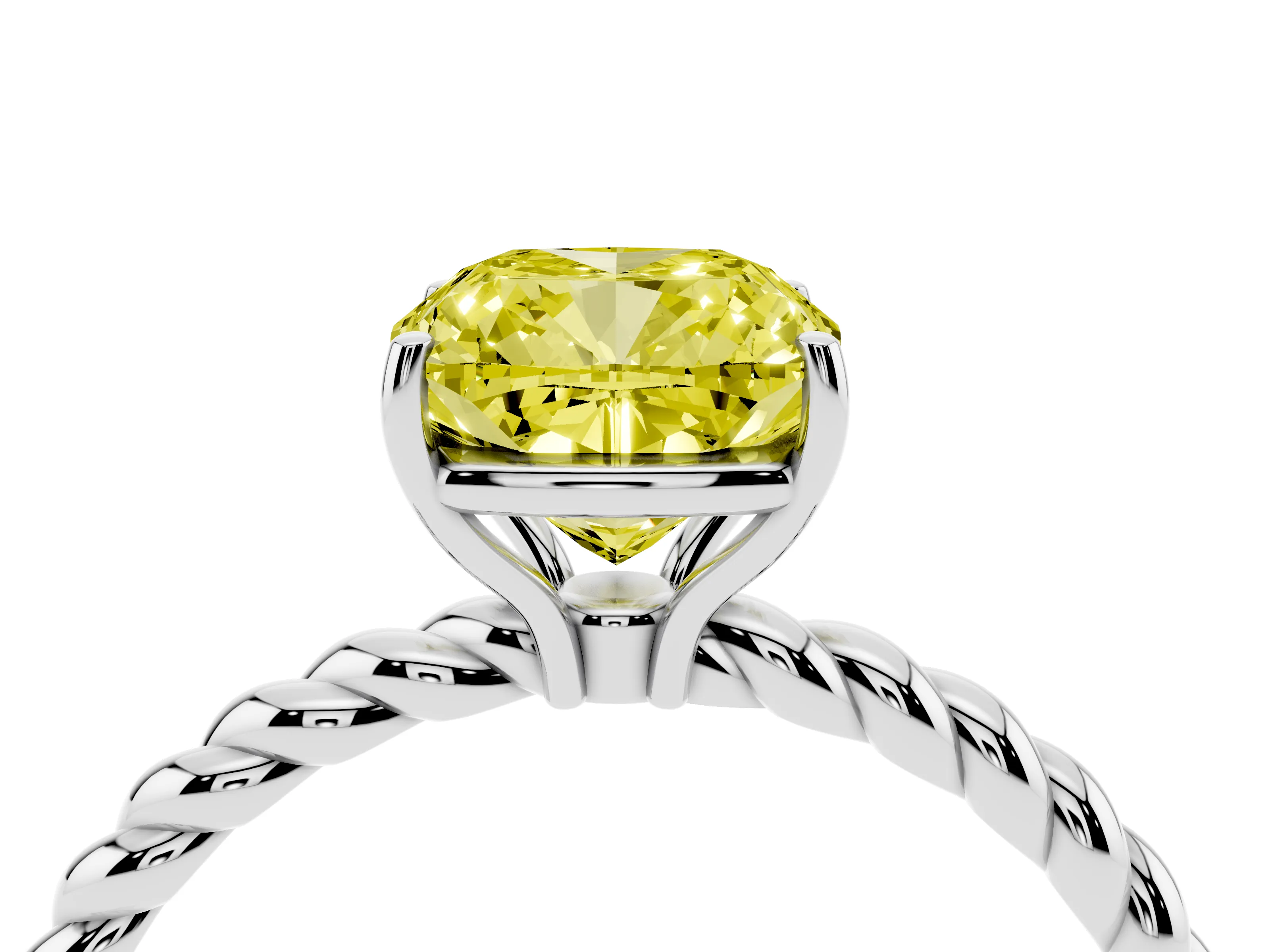 Fancy Yellow Cushion Cut Diamond Solitaire Ring Set in Platinum with Twist Band and Prong Setting