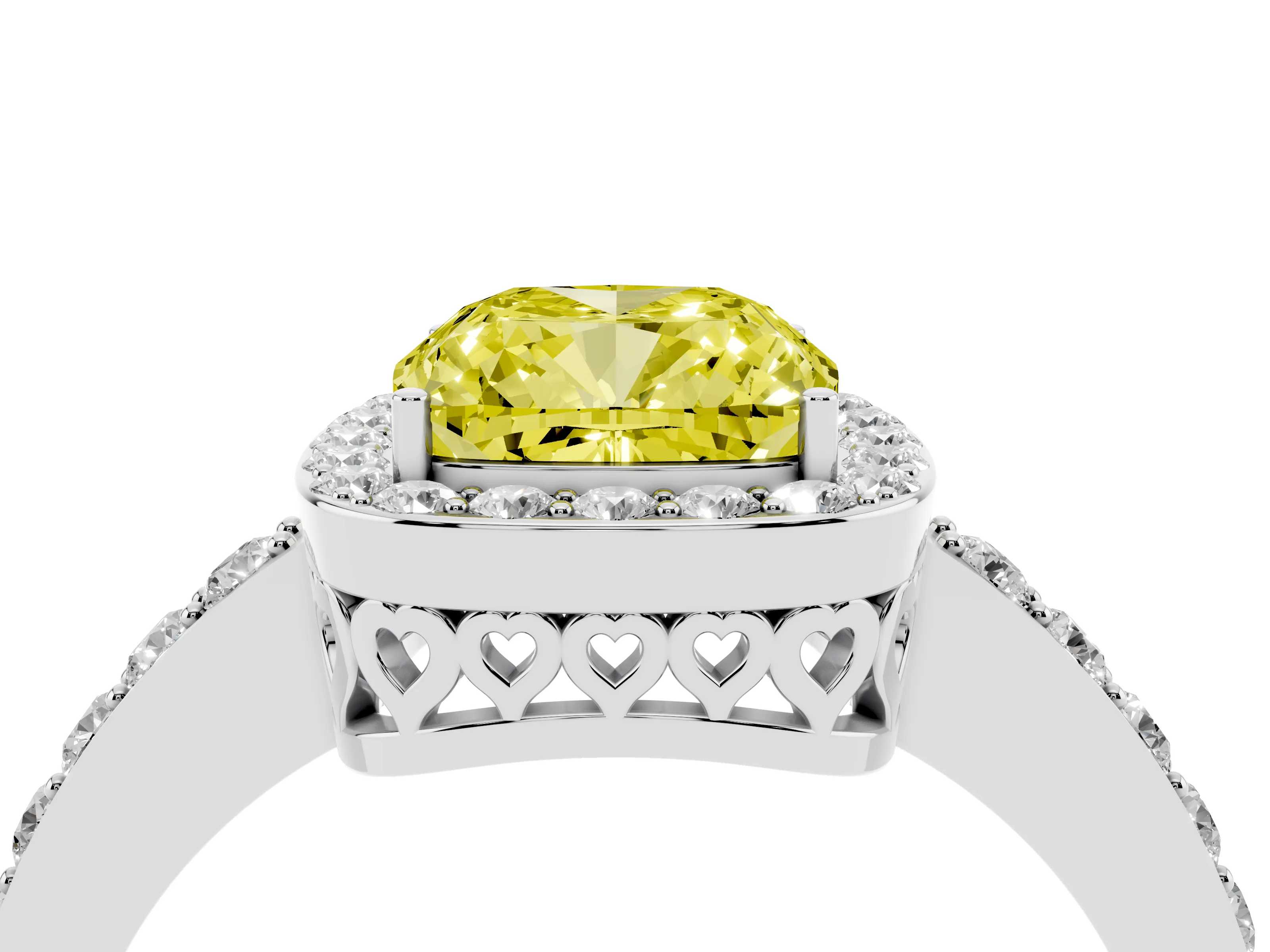 Fancy Yellow Cushion Cut Diamond Halo Ring Set in White gold with Pavé-Setting Band and Open Prong Center