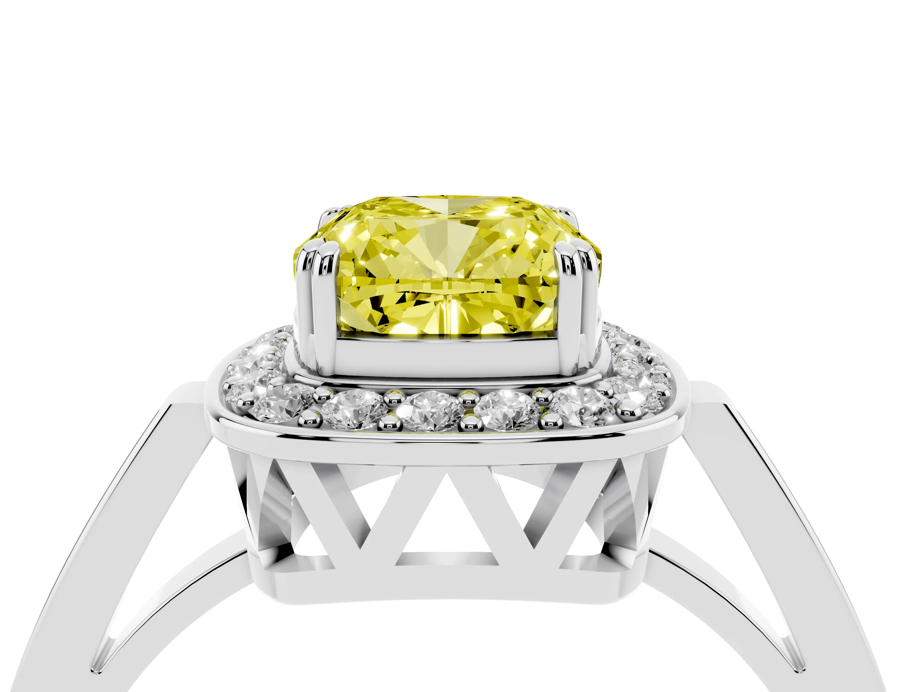 Fancy Yellow Cushion Cut Diamond Halo Ring Set in Platinum with Accent-Lined Split Shank and Prong Setting