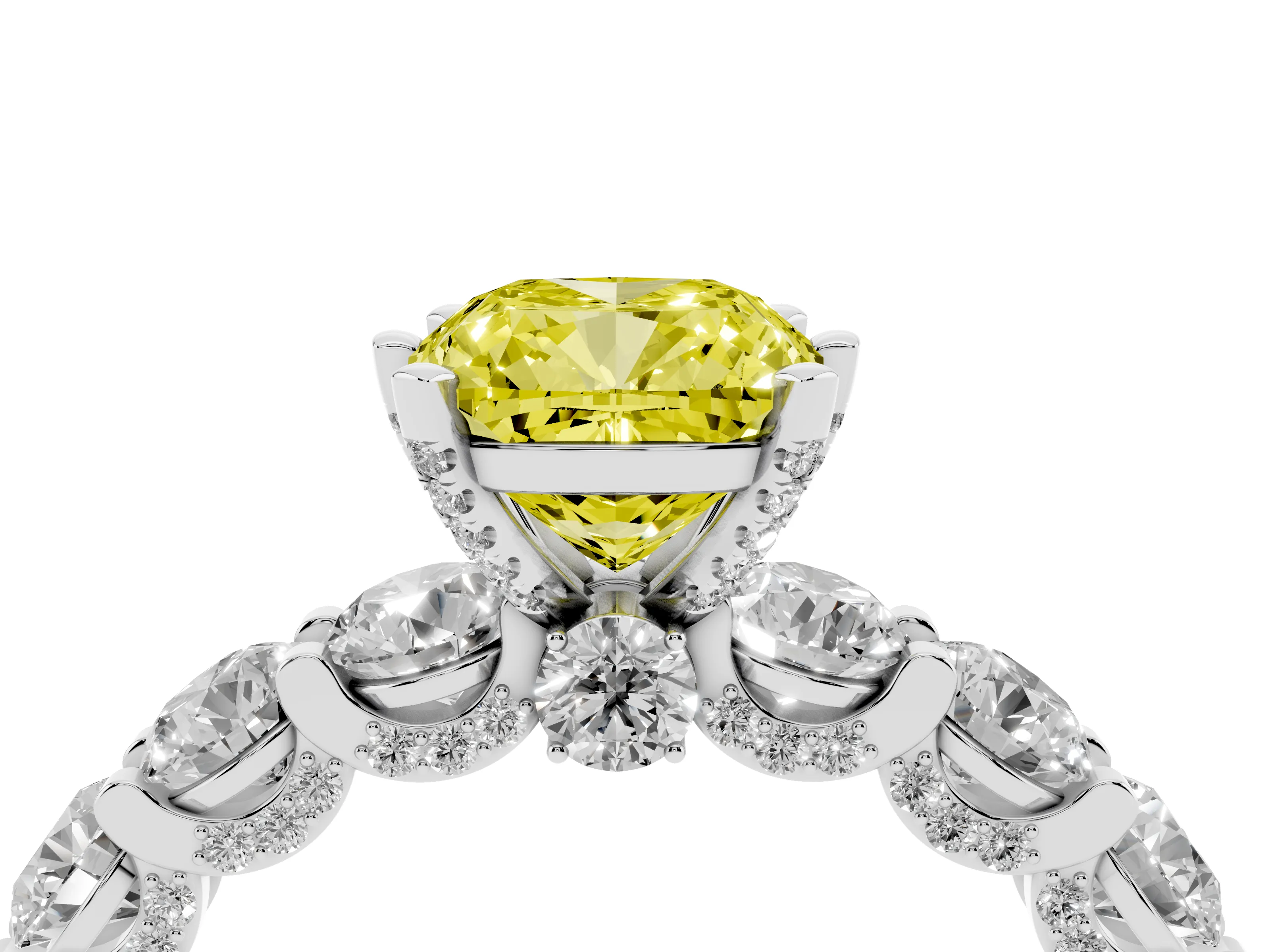 Fancy Yellow Cushion Cut Diamond Side Stone Ring Set in Silver with Alternating Round and Oval Side Stones