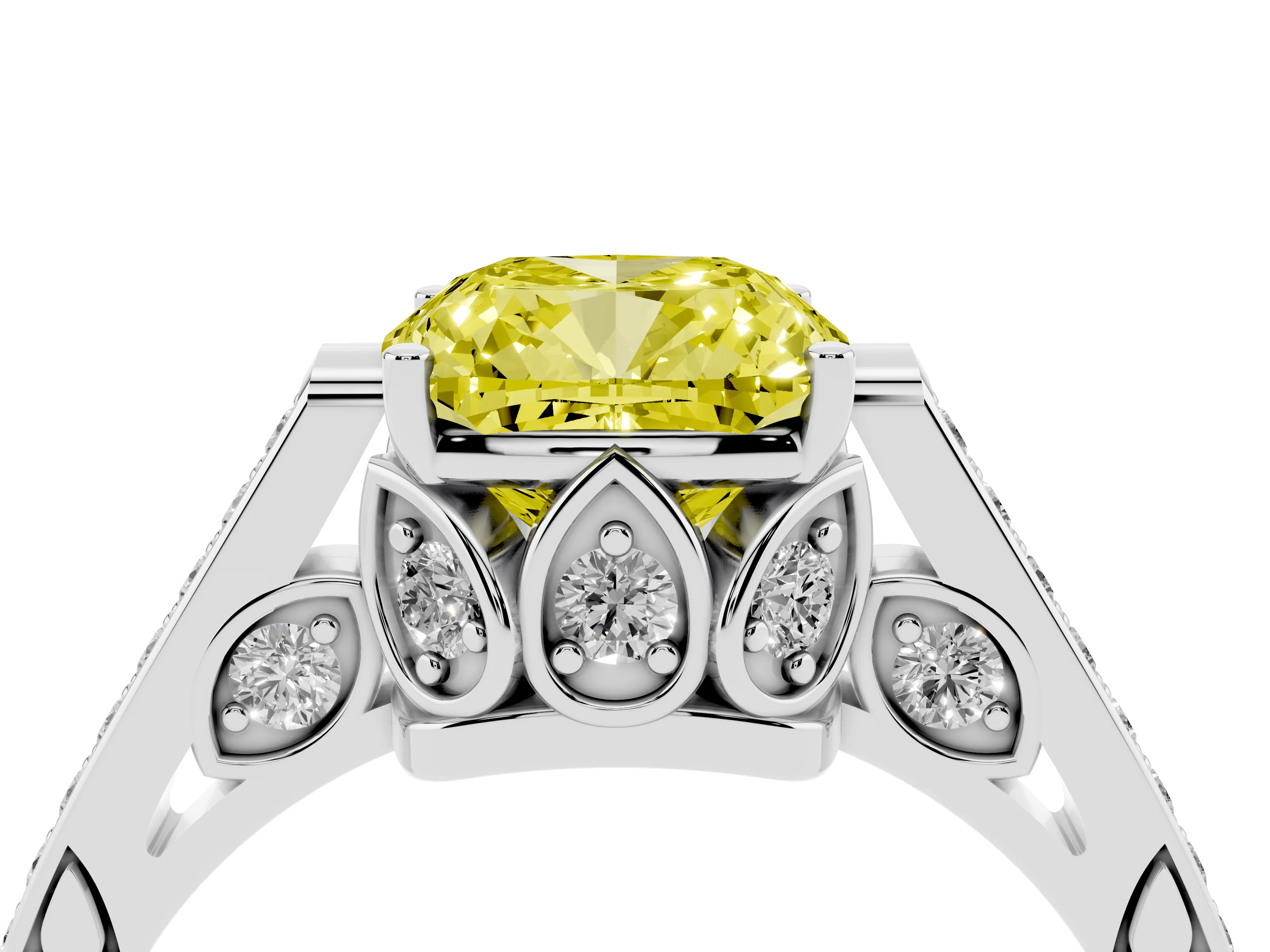 Fancy Yellow Cushion Cut Diamond Cathedral Pavé Engagement Ring Set in Platinum with Prong Setting