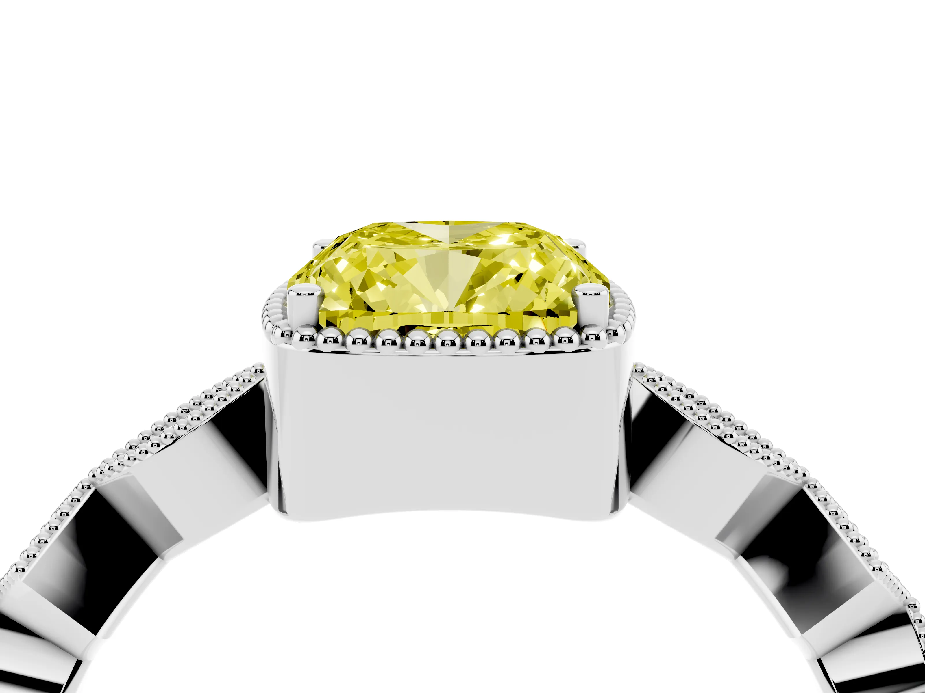 Fancy Yellow Cushion Cut Diamond Milgrain Marquise Twist Band Ring Set in White gold with Prong Setting