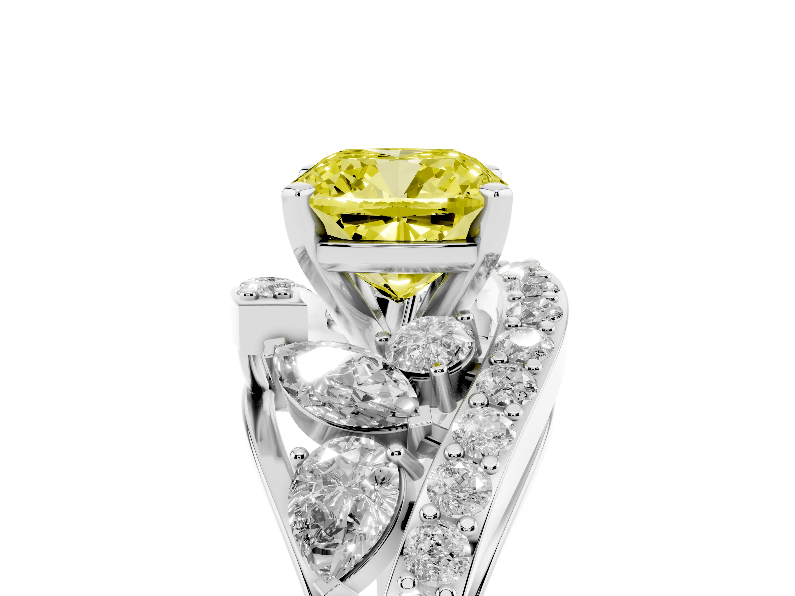 Fancy Yellow Cushion Cut Diamond Halo Ring Set in Silver with Marquise and Pavé Band in Prong Setting