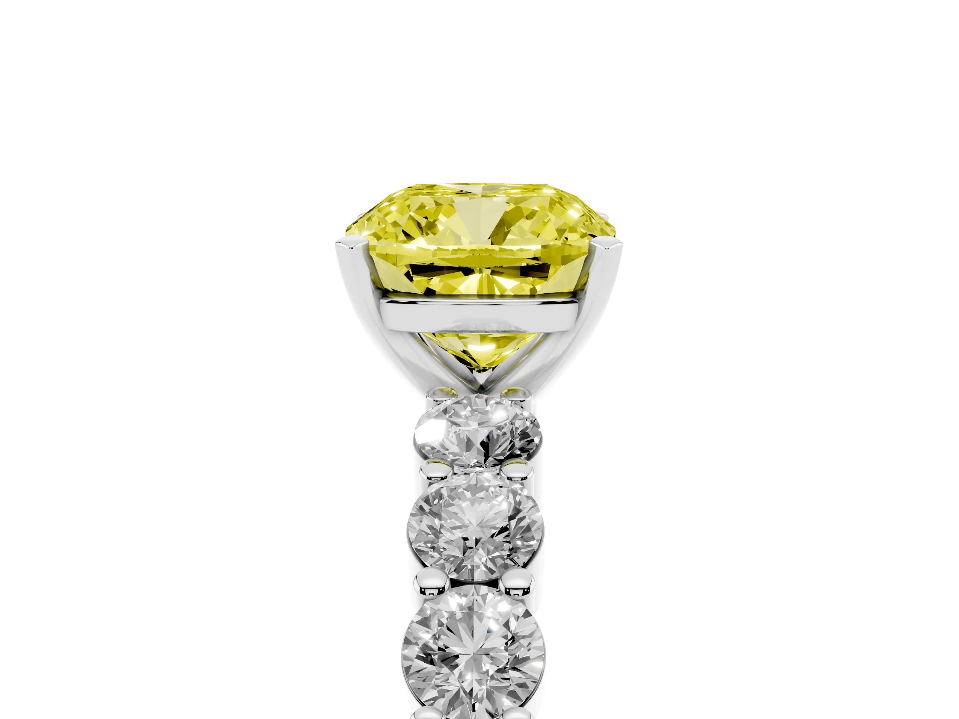 Fancy Yellow Cushion Cut Diamond Solitaire Ring Set in Silver with Shared Prong Round Side Stones