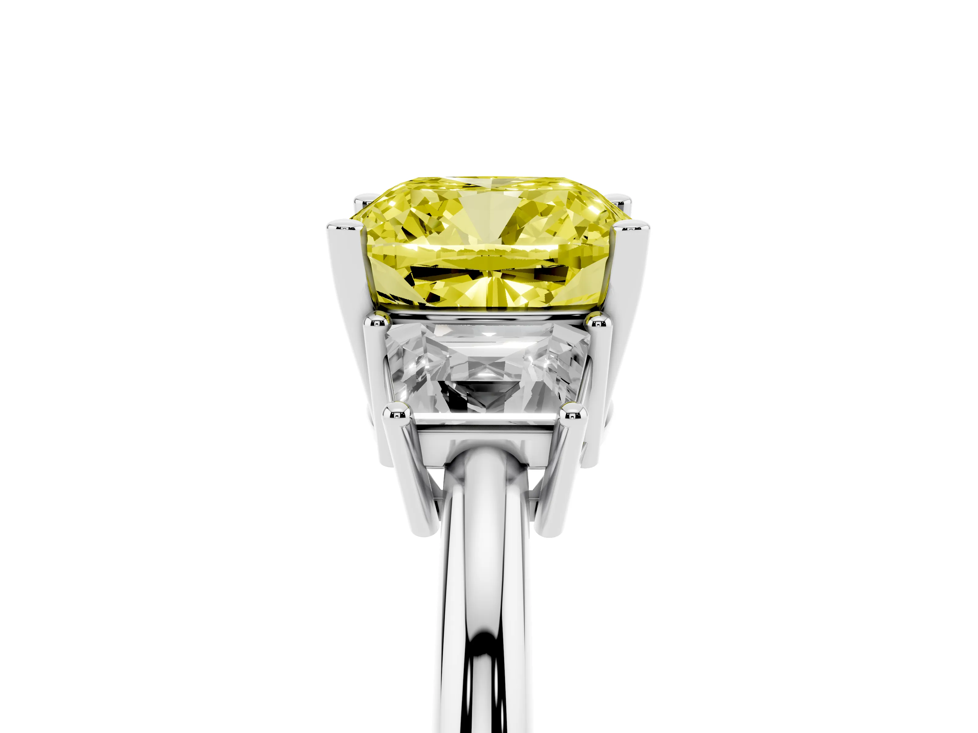 Fancy Yellow Cushion Cut Diamond Three-Stone Ring Set in Silver with Trapezoid Side Stones and Prong Setting