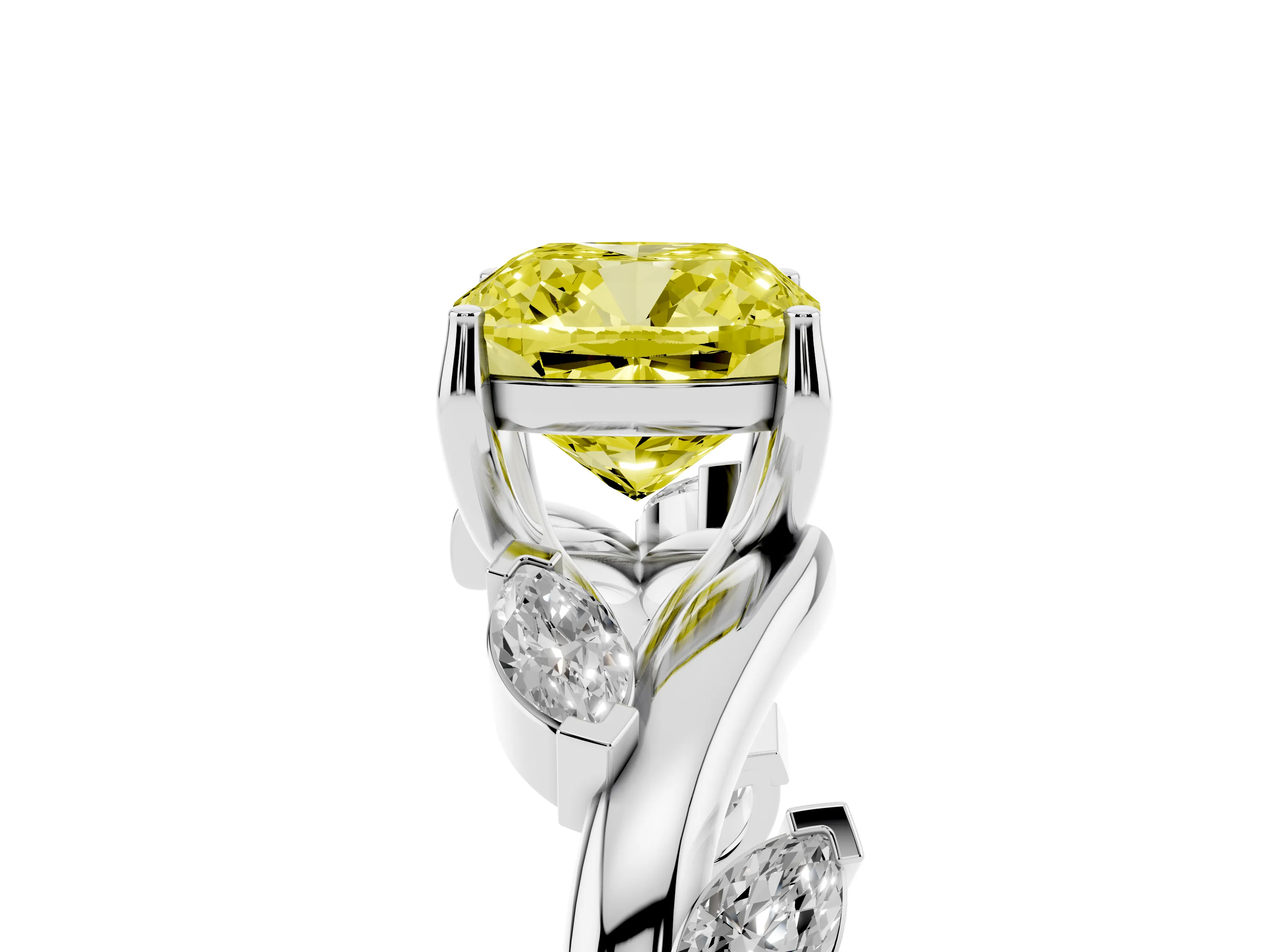 Fancy Yellow Cushion Cut Diamond Solitaire Ring Set in Platinum with Twisted Marquise Accent Band