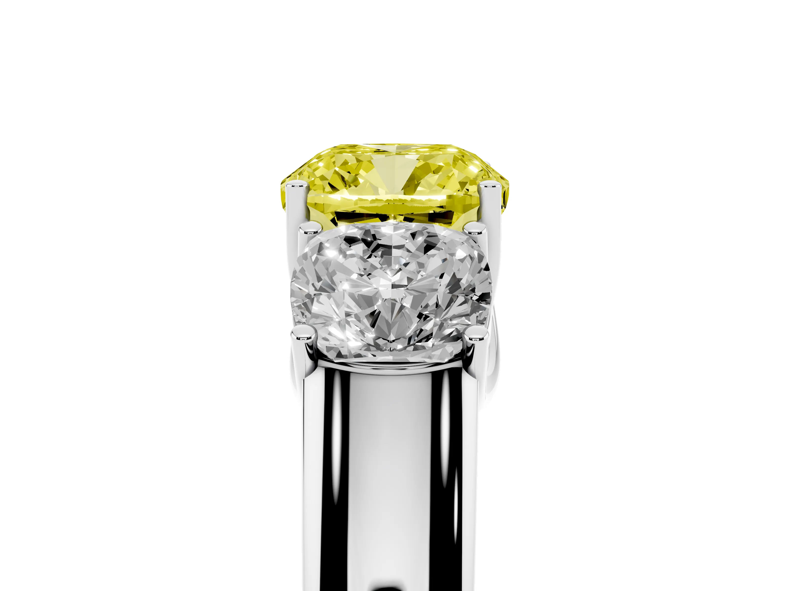 Fancy Yellow Three-Stone Cushion Cut Diamond Ring Set in Silver with Matching Prong Settings and Plain Band