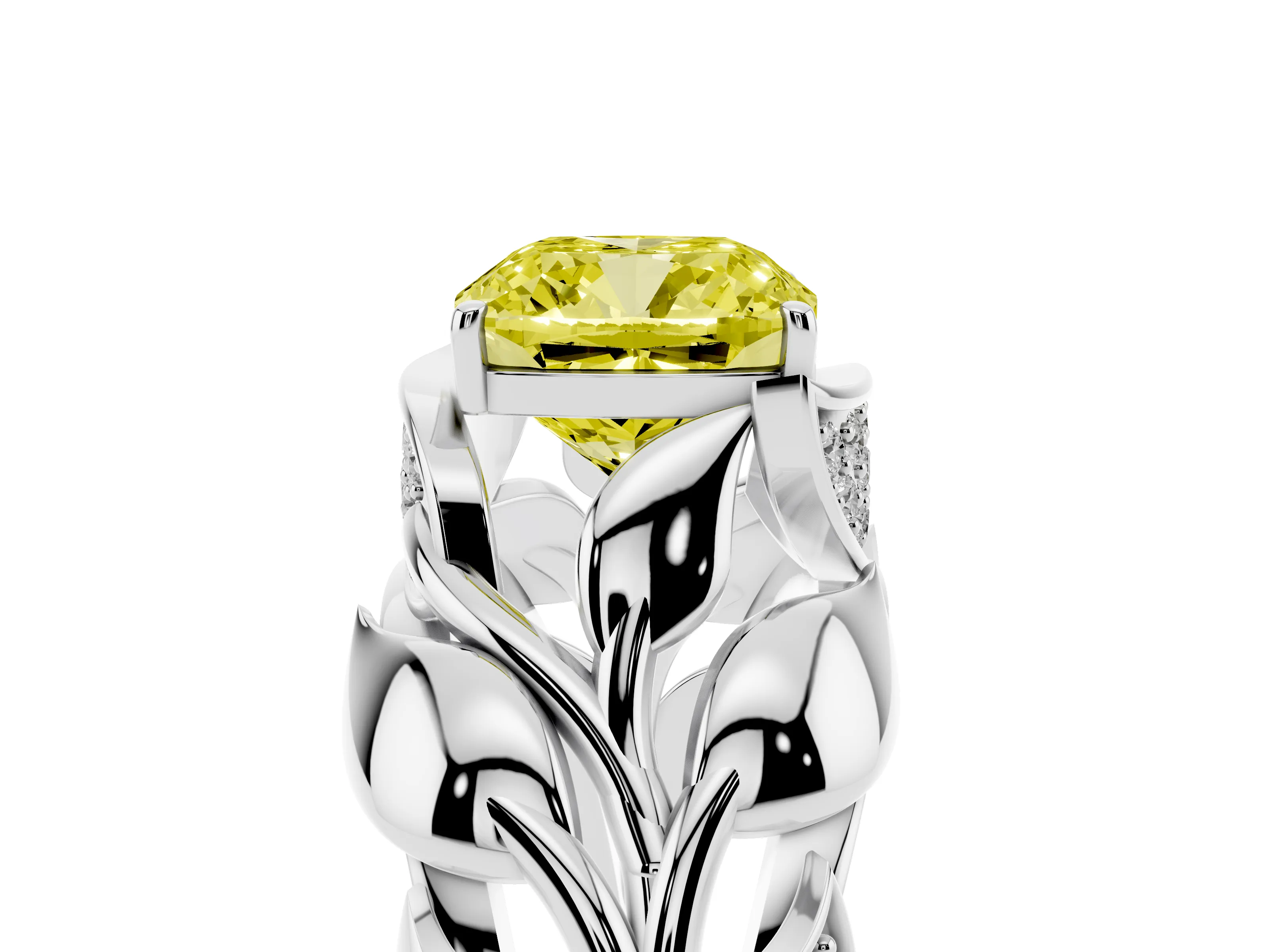 Fancy Yellow Cushion Cut Diamond Leaf-Inspired Engagement Ring Set in White gold with Round Accents