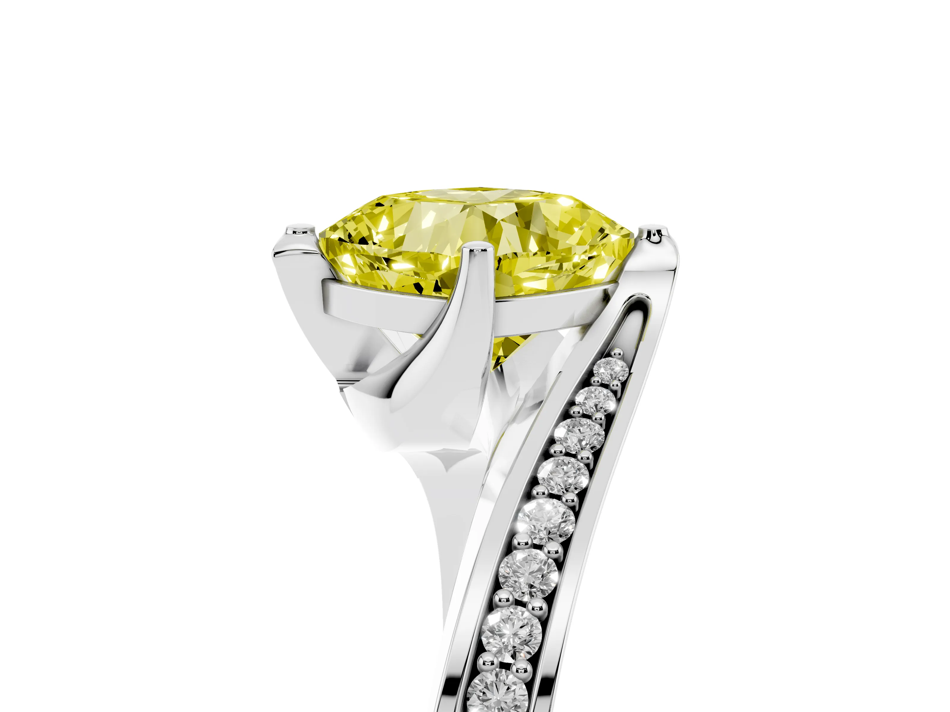 Fancy Yellow Cushion Cut Diamond Solitaire Ring Set in Silver with Intertwined Pavé Twist Band