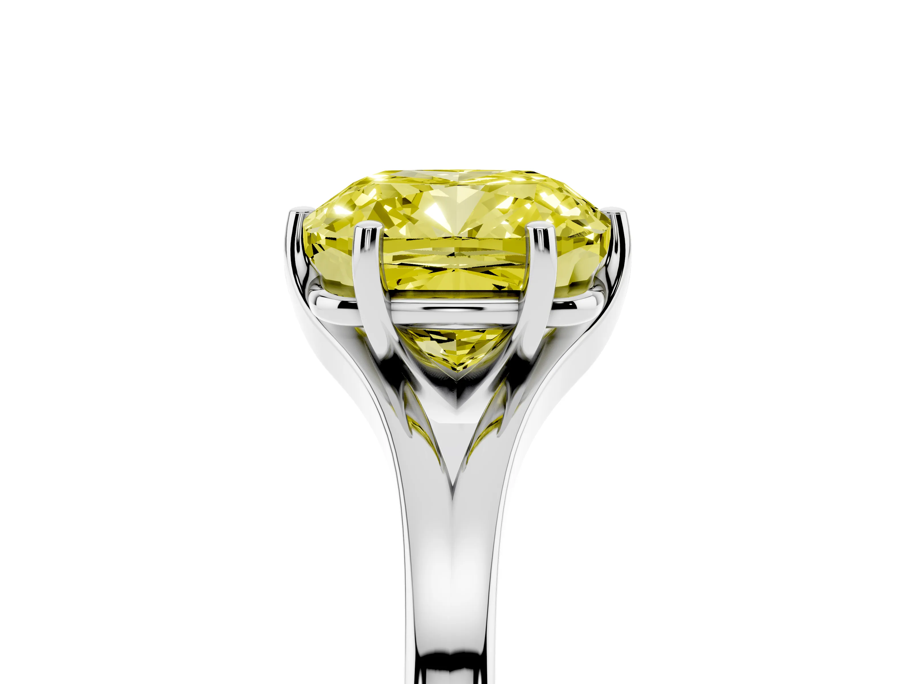 Fancy Yellow Cushion Cut Diamond Solitaire Ring Set in White gold with Polished Tapered Band and Prong Setting