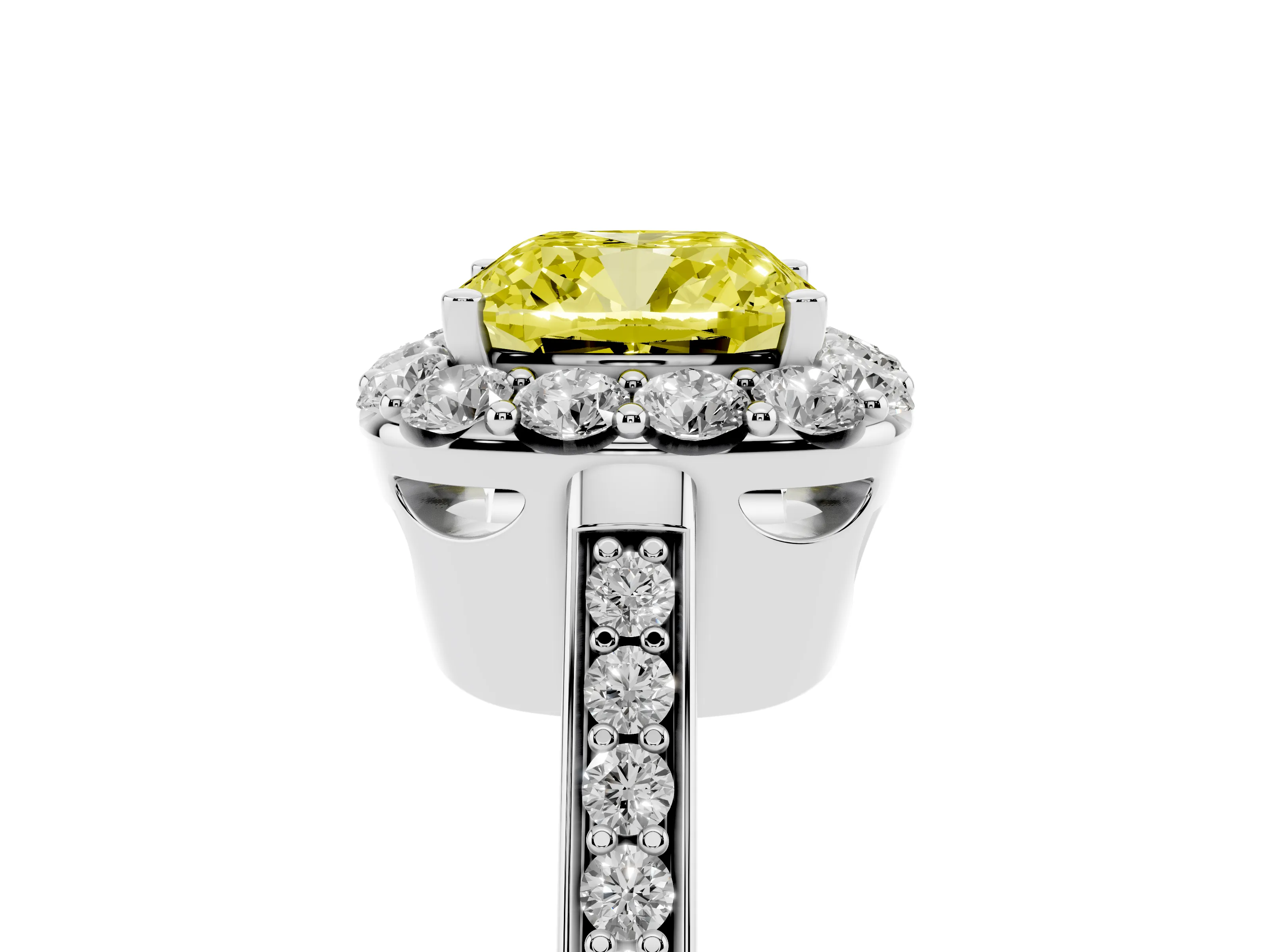 Fancy Yellow Cushion Cut Diamond Floral Halo Ring Set in White gold with Pavé Band and Prong Setting