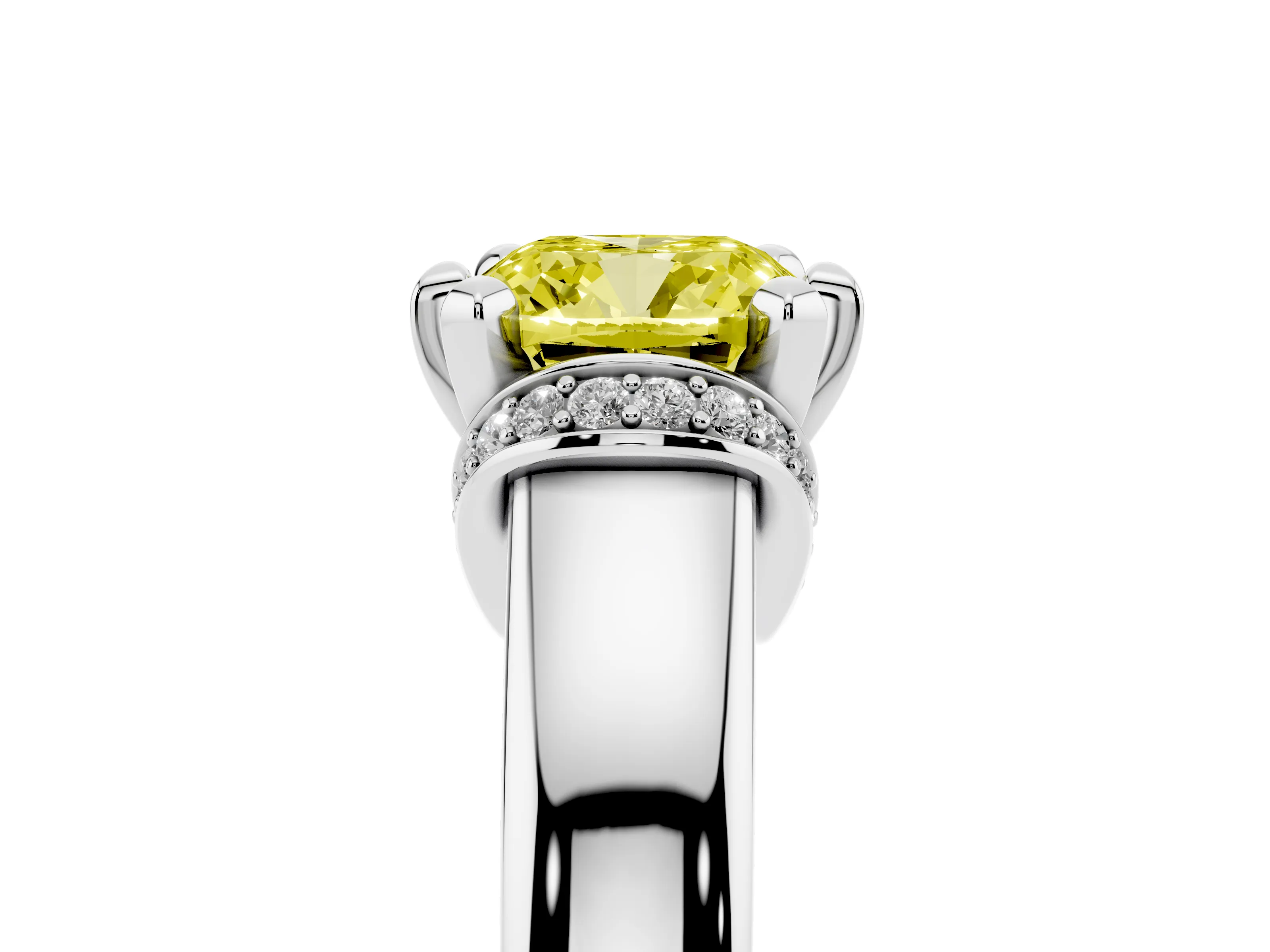 Fancy Yellow Cushion Cut Diamond Pavé Band Solitaire Ring Set in Silver with Prong Setting