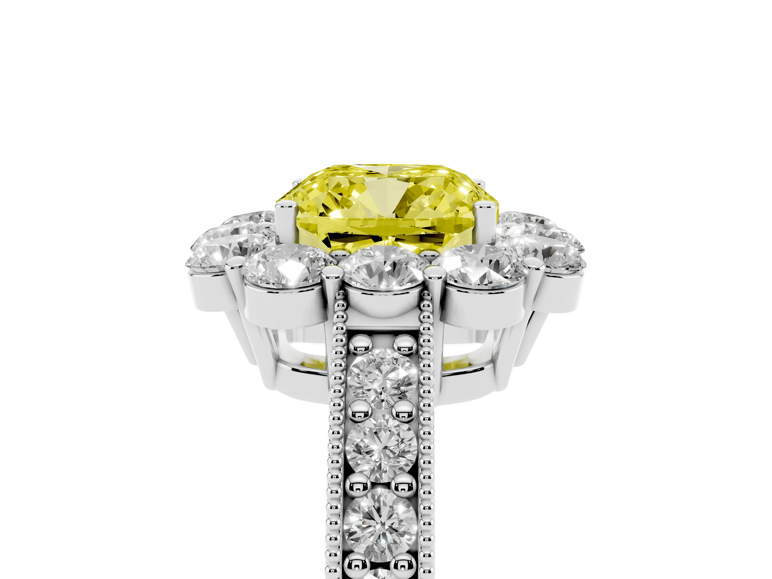 Fancy Yellow Cushion Cut Diamond Halo Pavé Engagement Ring Set in Silver with Milgrain Detailing