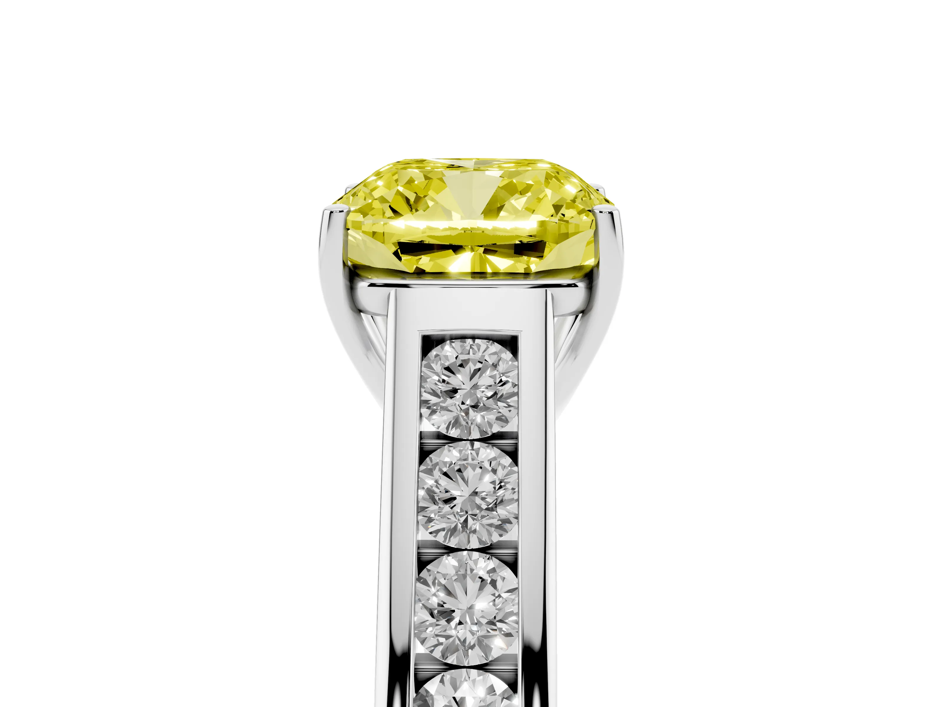 Fancy Yellow Cushion Cut Diamond Brilliant Channel-Set Solitaire Ring Set in Platinum with Prong Setting