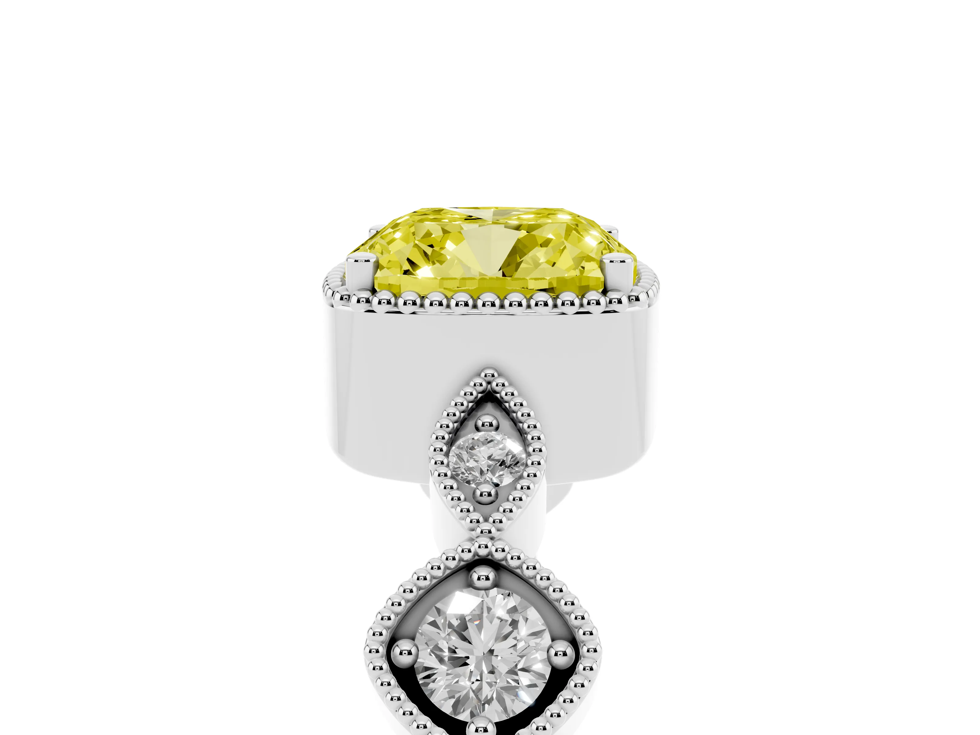 Fancy Yellow Cushion Cut Diamond Vintage-Inspired Milgrain Ring Set in White gold with Marquise Stations of Round Accents