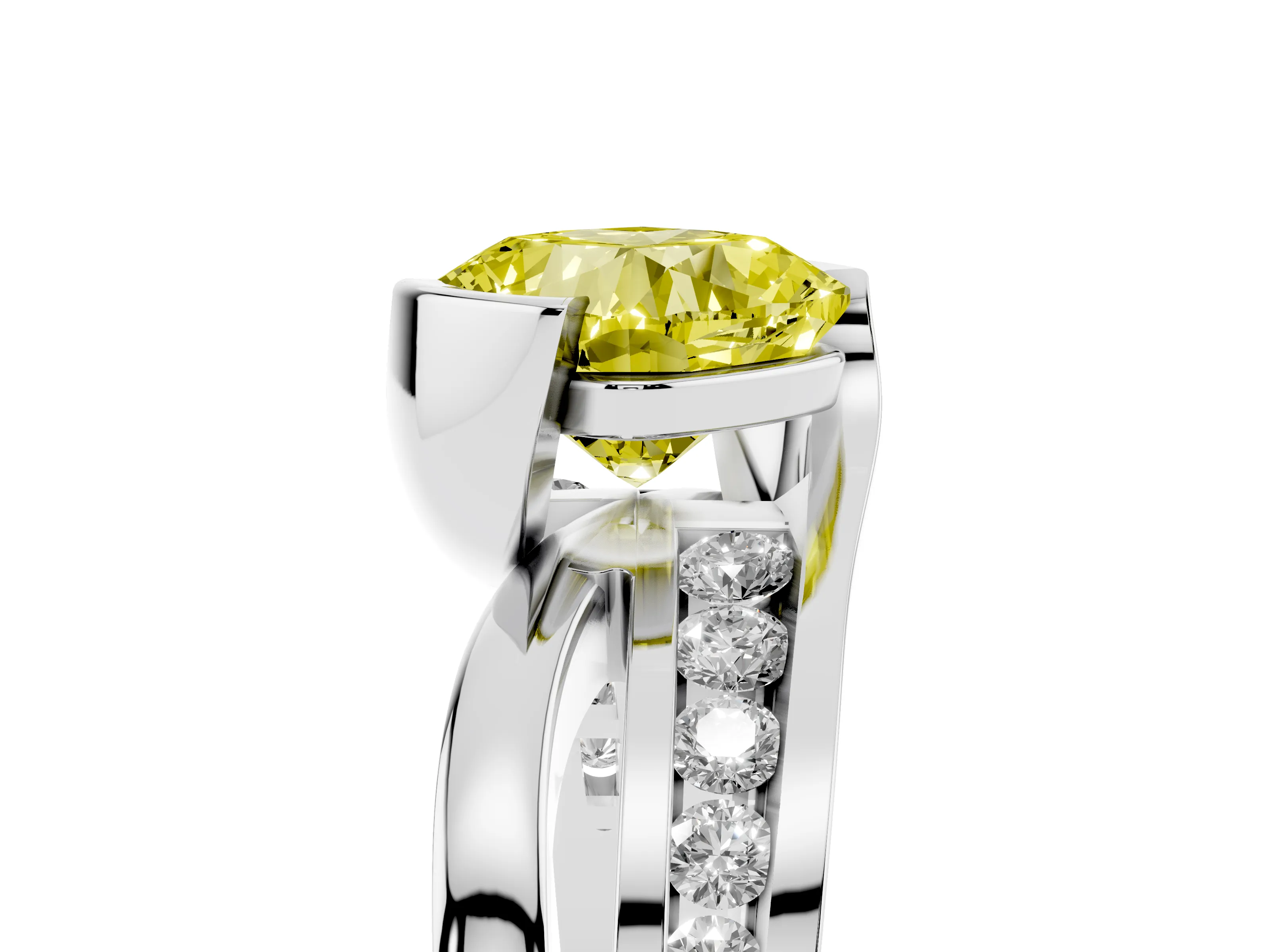 Fancy Yellow Cushion Cut Diamond Solitaire Ring Set in White gold with Channel Set Split Shank and Tension Prongs