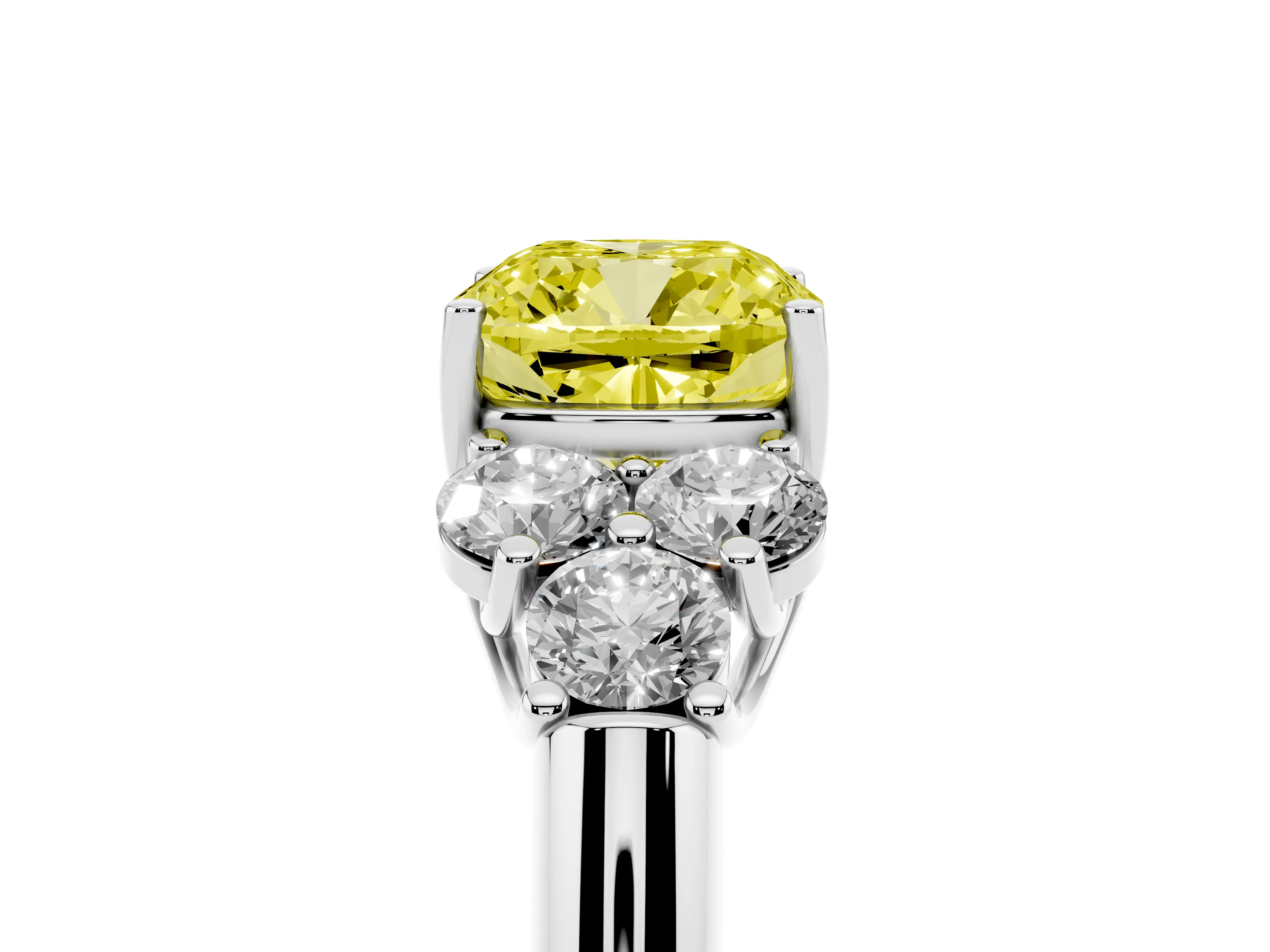 Fancy Yellow Cushion Cut Diamond Cluster Ring Set in White gold with Round Accent Stones and Prong Setting on a Plain Band